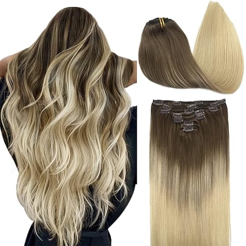 DOORES Human Hair Extensions Ombre Ash Brown to Platinum Blonde 120g 7pcs 16 Inch Remy Hair Extensions Clip in Human Hair Natural Hair Extensions Straight Thick