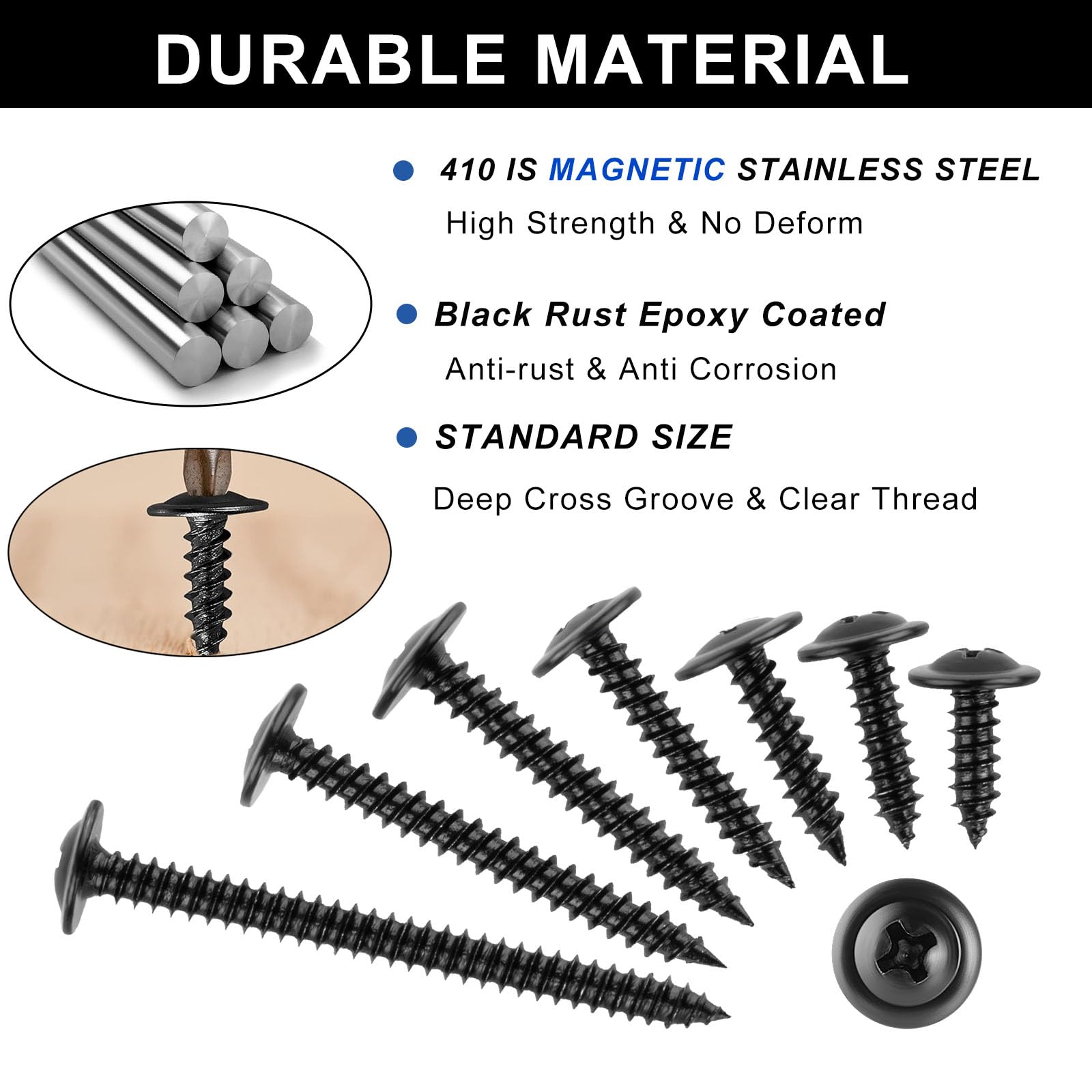 FandWay M4.2x19mm Wafer Head Self Tapping Screws,100Pcs Truss Head Self Drilling Screws,410 Stainless Steel Wood Screw,Black Rust Epoxy Coated Sheet Metal Screw for Aluminum Wood Plastics - Image 3