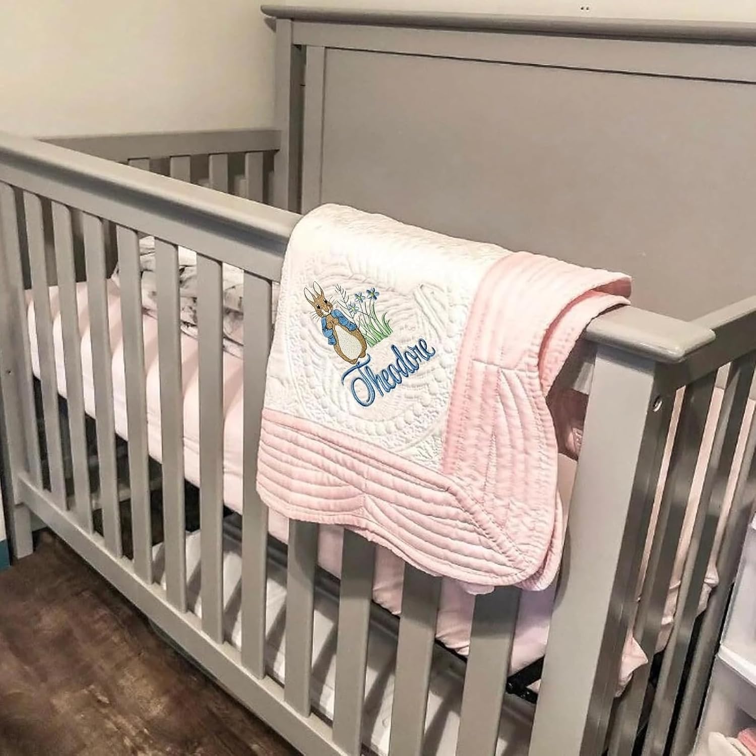 Personalized Baby Blankets with Embroidered Bunny, Custom Name Heirloom Keepsake Quilt, Embroidery Gift for Christmas, Easter, Brithday(36x46 Inches) (Style 1)