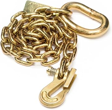 KingChain 426181 3/8-inch x 5 ft. Gold Chromate Tractor Safety Binder Chain with Clevis Grab Hook Hook and Attachment Ring, 6600 lb. Load Capacity, Grade 70, for Farming, Logging, Construction