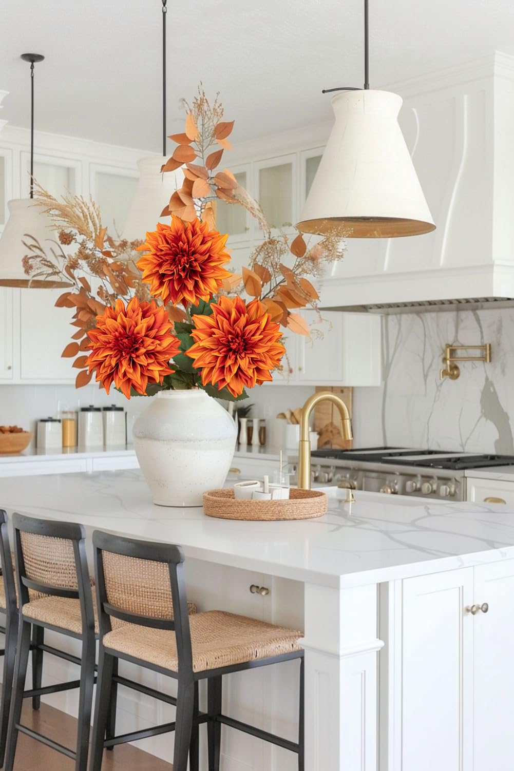 Hollyone 7.5'' Large Artificial Dahlia Flowers with Long Stems, 3pcs Orange Fake Flowers Faux Dahlias - Image 3