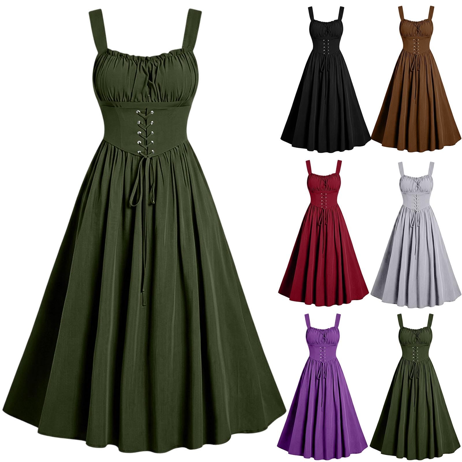 Zeiayuas Renaissance Dress Women Victorian Milkmaid Dress Gothic Medieval 80s Fancy Dresses Cosplay Costume Sleeveless Square Neck Lace Up Corset Dresses for Halloween UK Sale Green