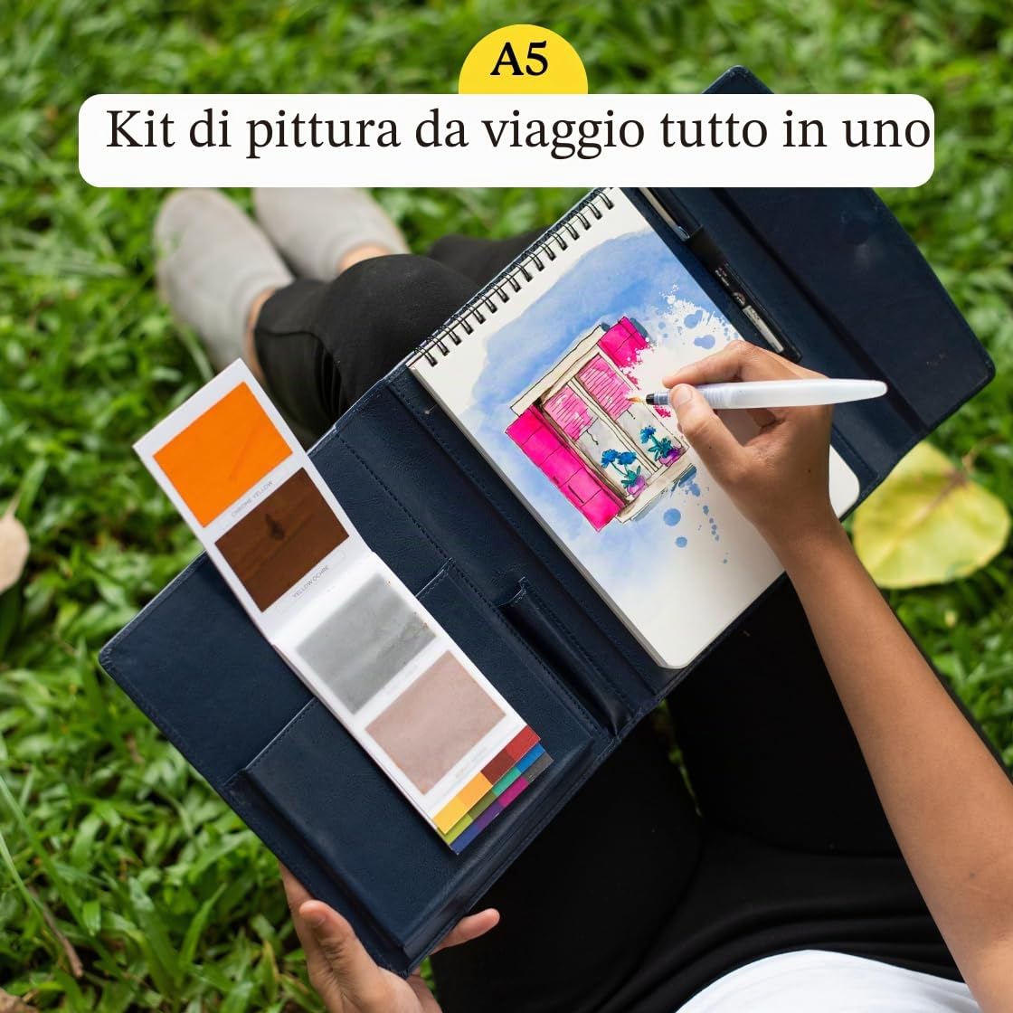 Viviva VV276054 Watercolor Travel Set A5 in ecopelle, custodia con 16 acquerelli vivaci, pennello serbatoio acqua, penna nera da 0,5 mm e album da disegno con 24 fogli da 200 g/m², formato A5