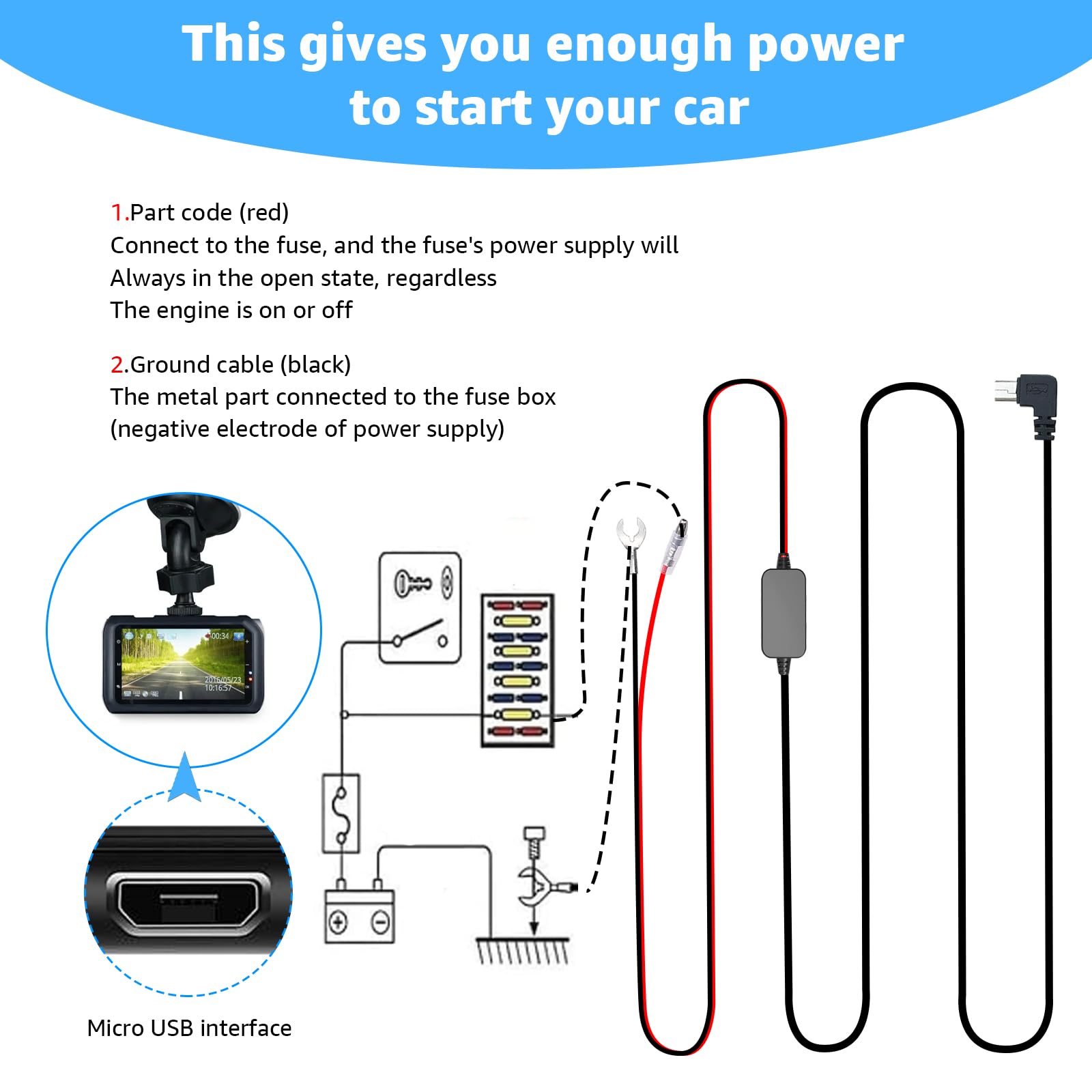 Kit de cable duro micro USB para cámara de salpicadero con cargador de cámara de salpicadero de coche de 12 V-24 V a 5 V, cable de alimentación de 4 cables de grifo, 24 horas de protección de