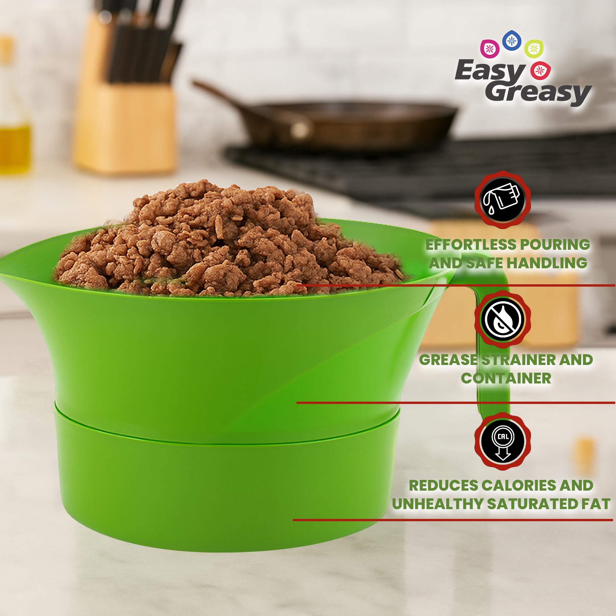 Colador con mango de plástico fácil de grasa -3 PC colador Set – Terreno carne grasa colador