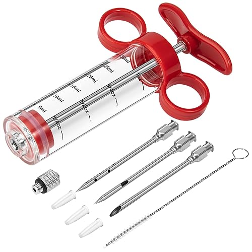Kingsmile Meat Injector, Turkey Injector Syringe - 3 Needles for BBQ Grill, 1oz Meat Injector Syringe, Injector Marinades for Meats, Meat Injectors for Smoking 1 Cleaning Brush Easy to Use & Clean Red