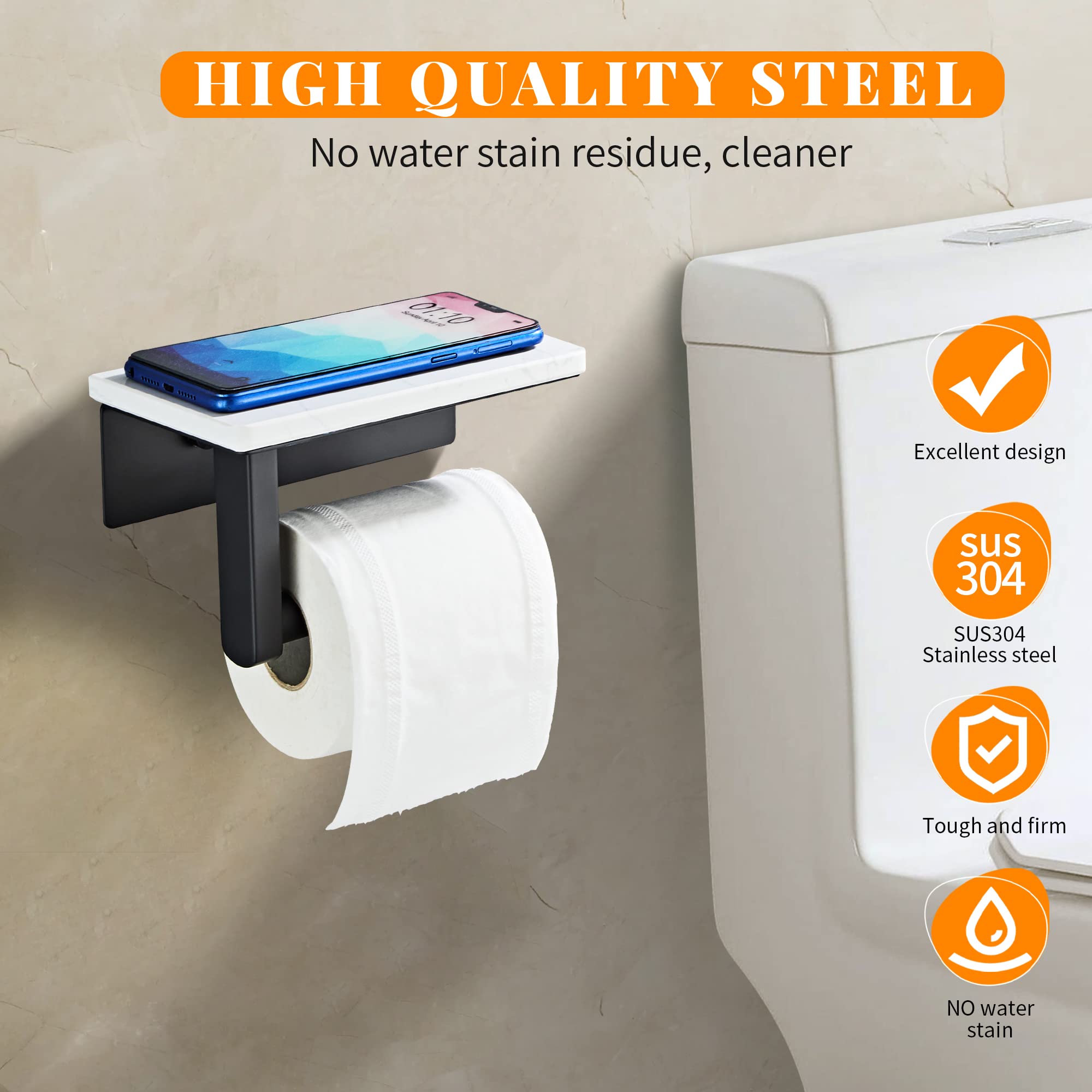 Matte Black Toilet Paper Holder with Shelf, 304 Stainless Steel Screw Wall Mounted, Marble Tissue Roll Holder with Storage - Image 4