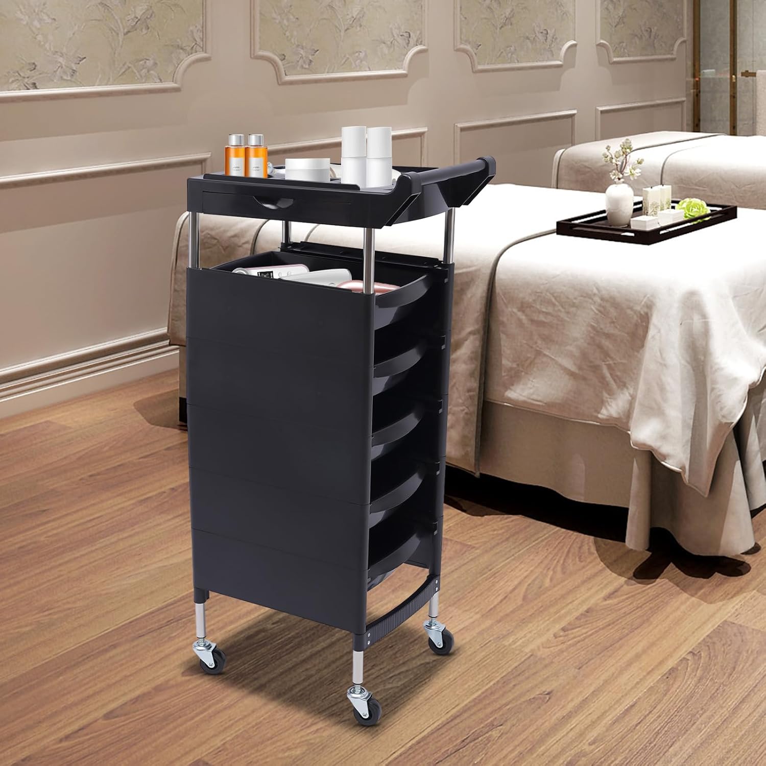 Professional Salon Trolley, Black Salons Trolley Cart with with Handle and Wheels, 5 Drawers and 2 Hair Dryer Holder Side Tray, Rolling Salon Cart, for Hair Stylist, Beauty, Tattoo