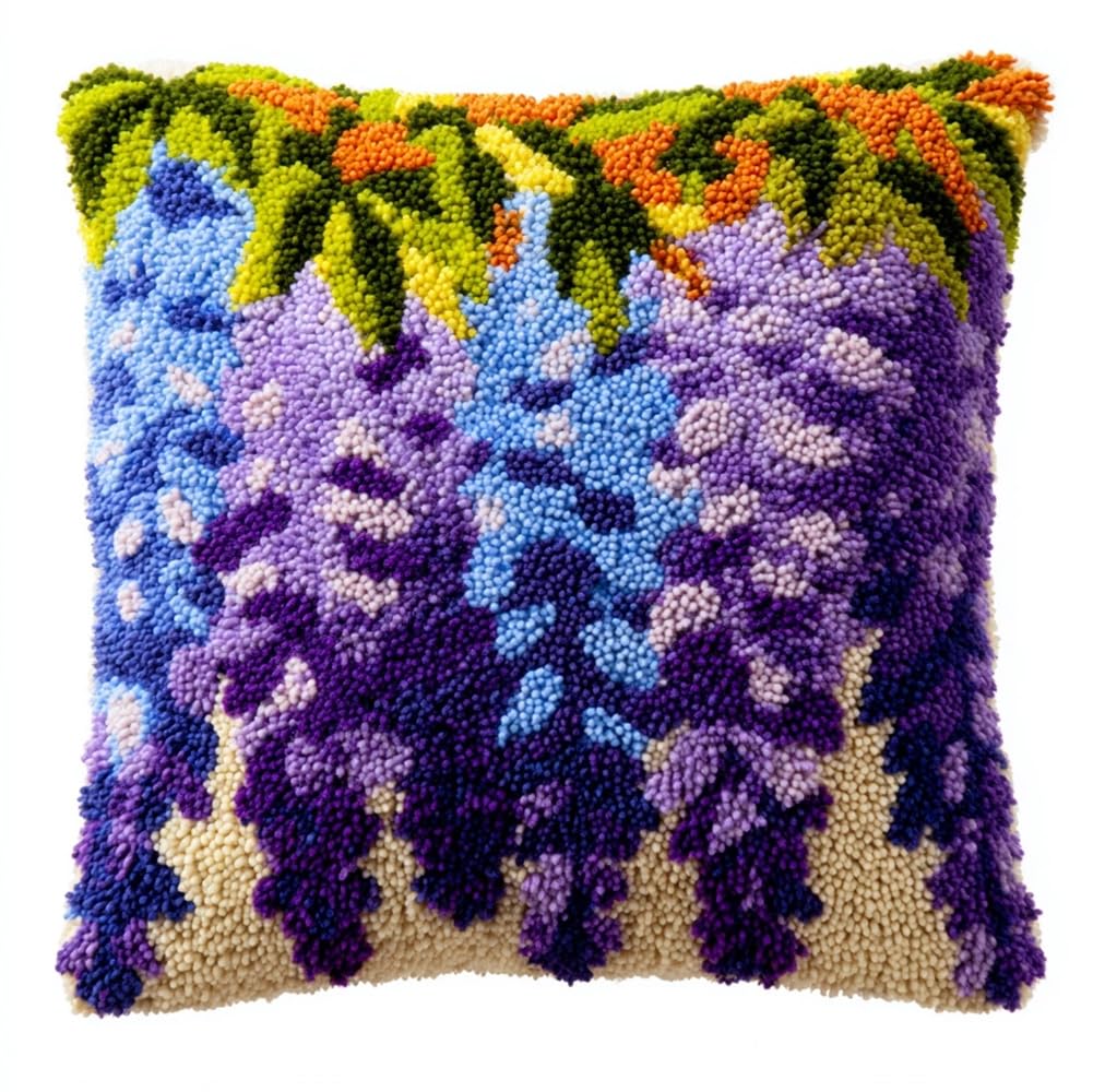 kitphoenix Latch Hook Kit for Adults, Pillow Case Kits, Wisteria Flower DIY Latch Hook Cushion Kits 17X17Inch, Cross Stitch Embroidery Kits Home Decor