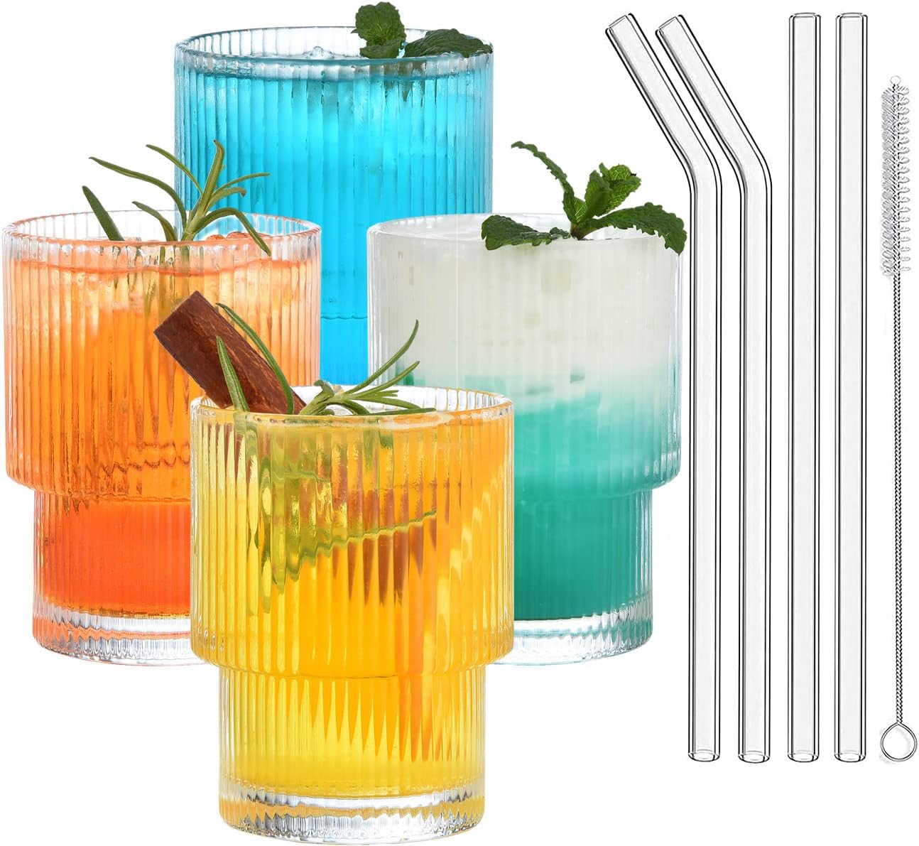 ALINK7 oz Ribbed Water Drinking Glasses with Glass Straws 4pcs Set, Vintage Iced Tea Coffee Cups Glassware, Ridged Glass Tumbler for Coocktail, Whiskey, Beer