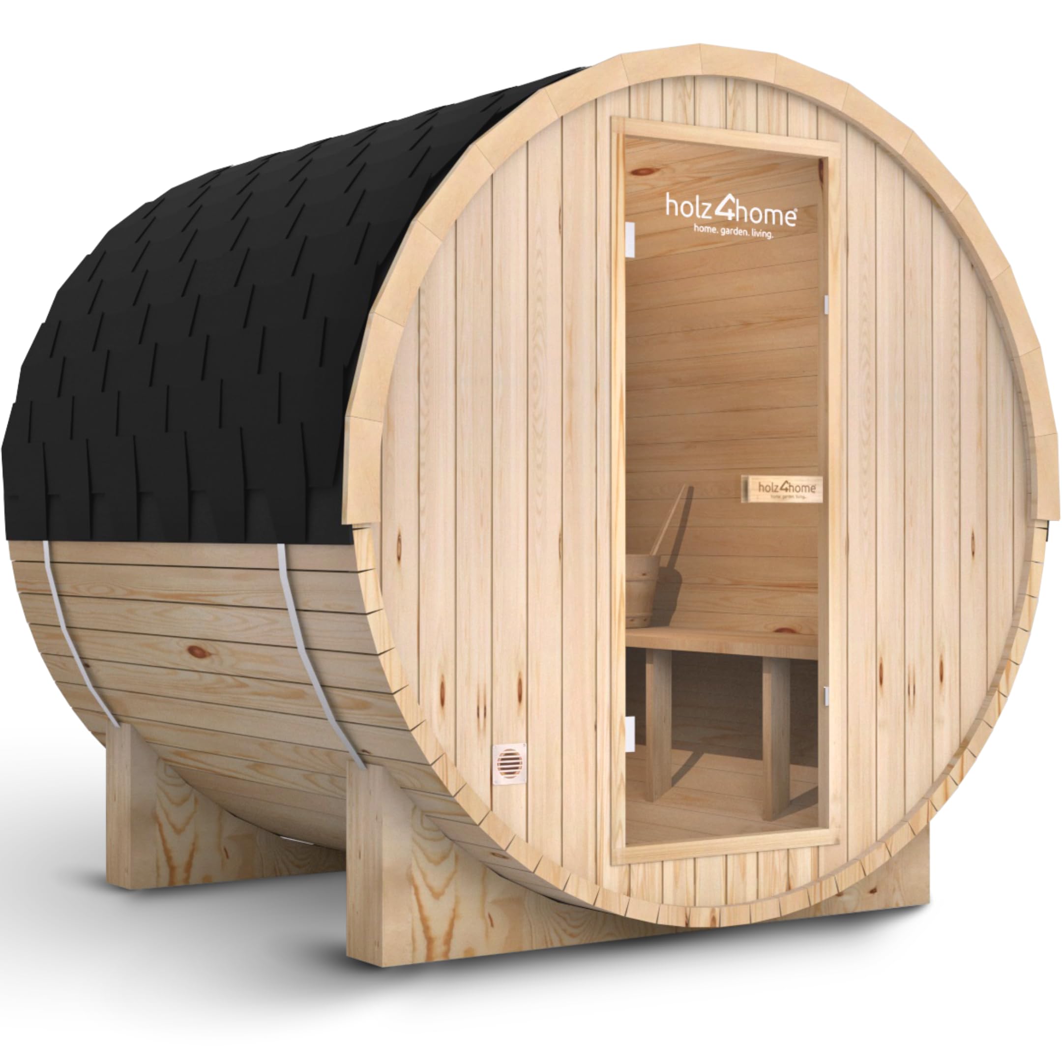 holz4home® Fasssauna Pini Wood inkl. Elektroofen I Gartensauna aus Fichtenholz I Aussensauna Saunafass Sauna für Terrasse Aussenbereich (Sauna L)