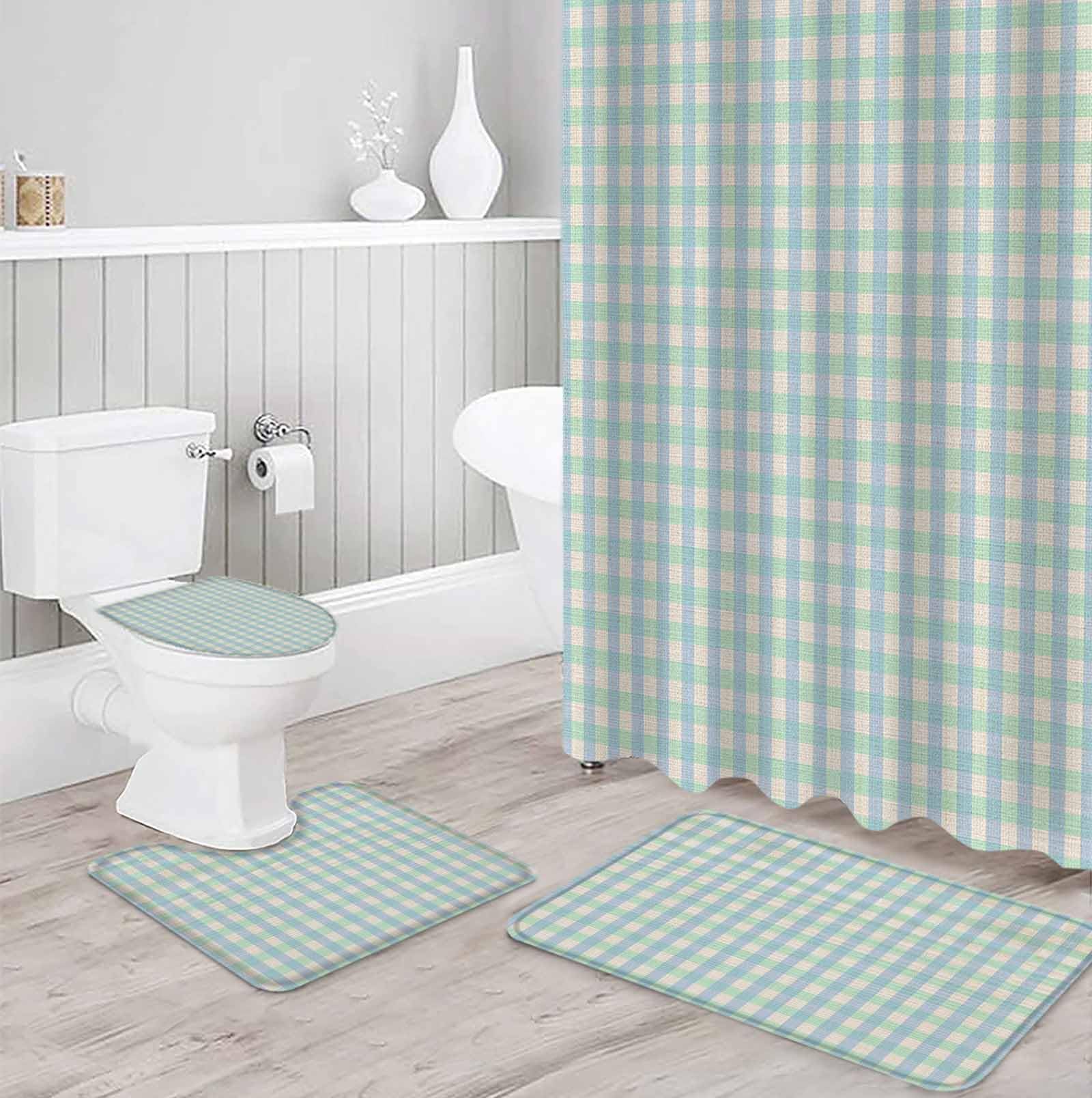 Blue Green Bathroom Set with Shower Curtain and Rug Accessories - 36x72 Inches Long Grid Checkered Plaid Gingham Lattice Trellis Stall Curtain Waterproof with Large Bath Mat,Washable Runner Rug Set
