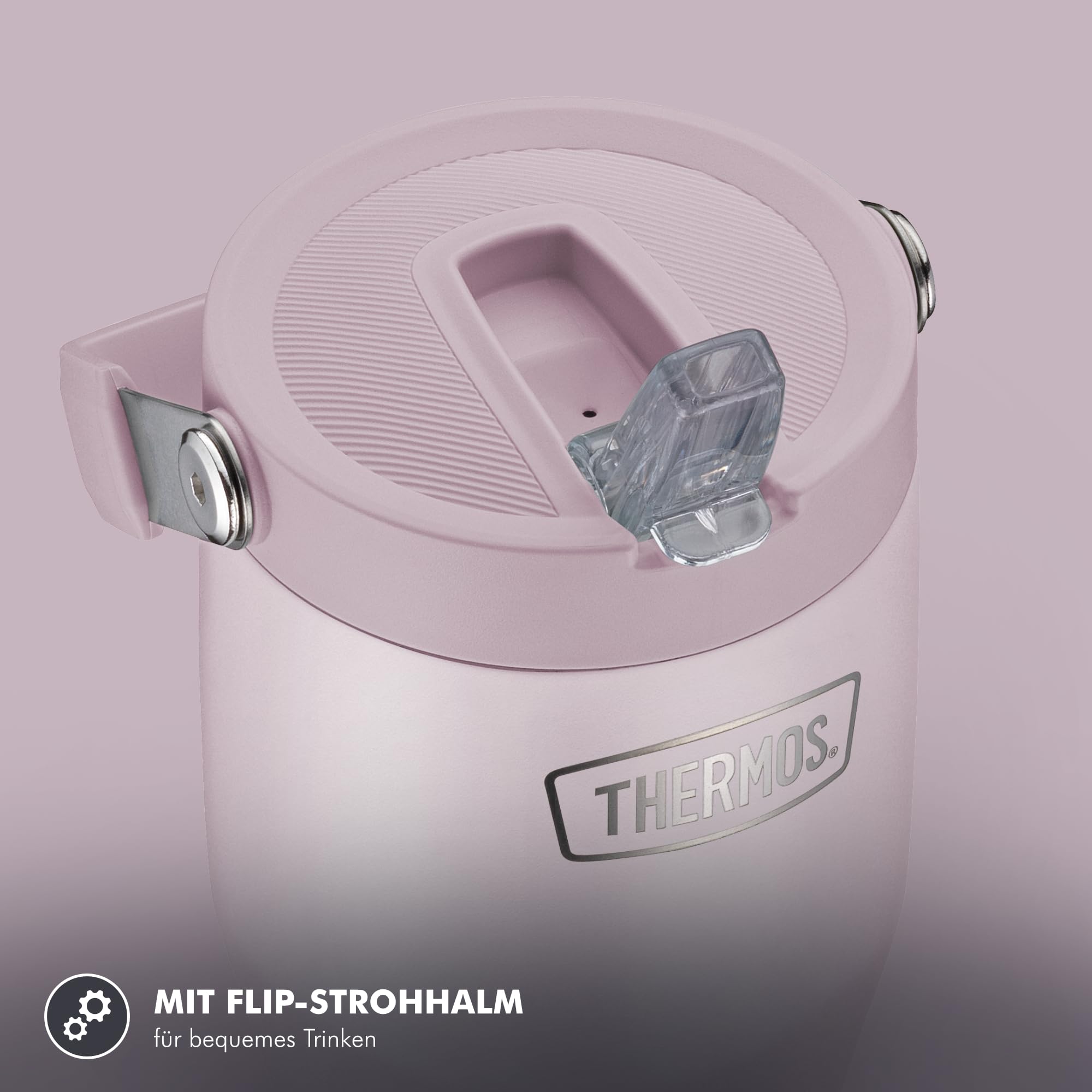 Thermos Flip Straw Tumbler mit Strohhalm und Henkel, 0,85 l, lavender mat | 6 h kalt, Isolier-Trinkbecher Flip-Strohhalm, doppelwandiger Edelstahl, für unterwegs & zuhause, lila, REFRESHING SERIES