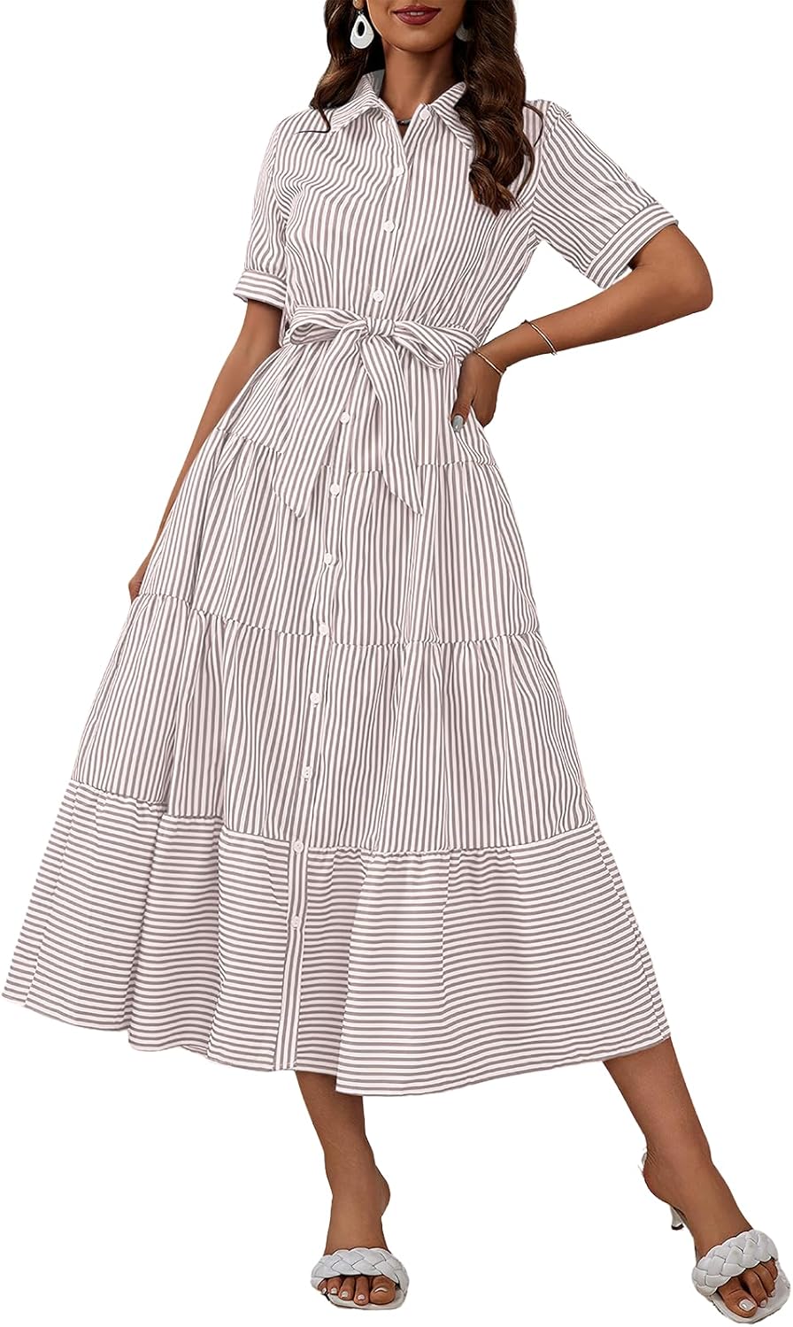 ebossy Women's Boho Striped Shirt Dress Button Down Belted Flowy Ruffles Loose A Line Maxi Long Dress with Pockets