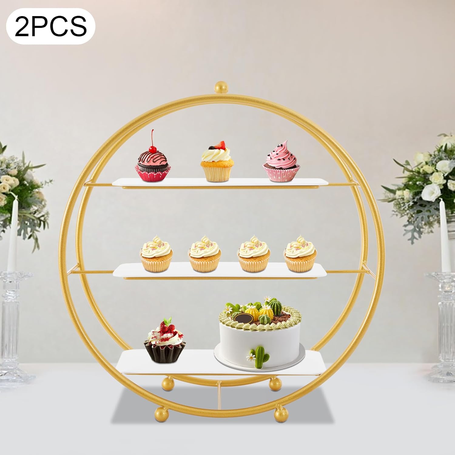 2 Pcs 16.9 Inch Round Gold Tiered Cupcake Stand, 3 Tier Cupcake Holder Stand, Dessert Stand for Party Wedding Birthday Anniverary