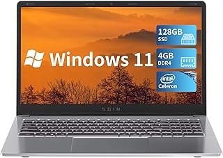 SGIN Laptop, 15.6 Inch Notebook, Windows 11 Laptops with 4GB DDR4 RAM 128GB SSD Intel Celeron Quad Core Processor, Intel UHD Graphics 600, USB3.0, Mini HDMI, WiFi, Bluetooth 4.2