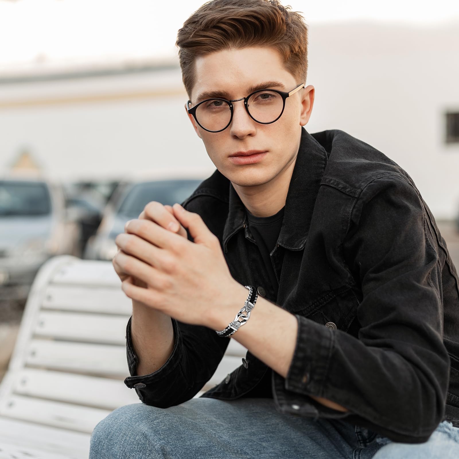 Cupimatch - Pulsera para hombre, piel trenzada, pesada, 316L, acero inoxidable, pulido masculino, clásico, punk plateado, con tarjeta, regalo de cumpleaños, día del padre, Cuero