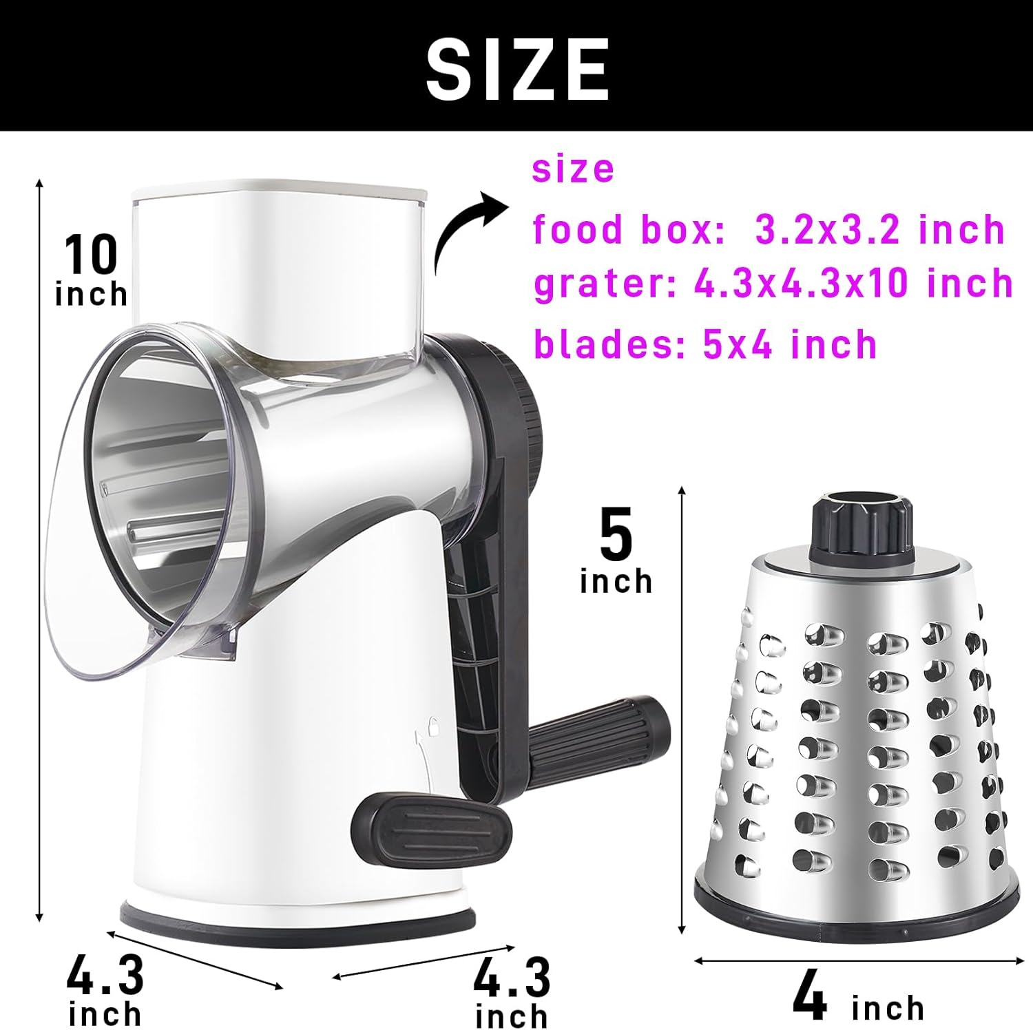 Weltonhm Rotary Cheese Graters with 4 Blades, Hand Crank Cheese Grater with Waffle Slicer, Red, Black and White Cheese Shredder with Suction Base, Easier for Shredding & Grating (White, 4 Graters)
