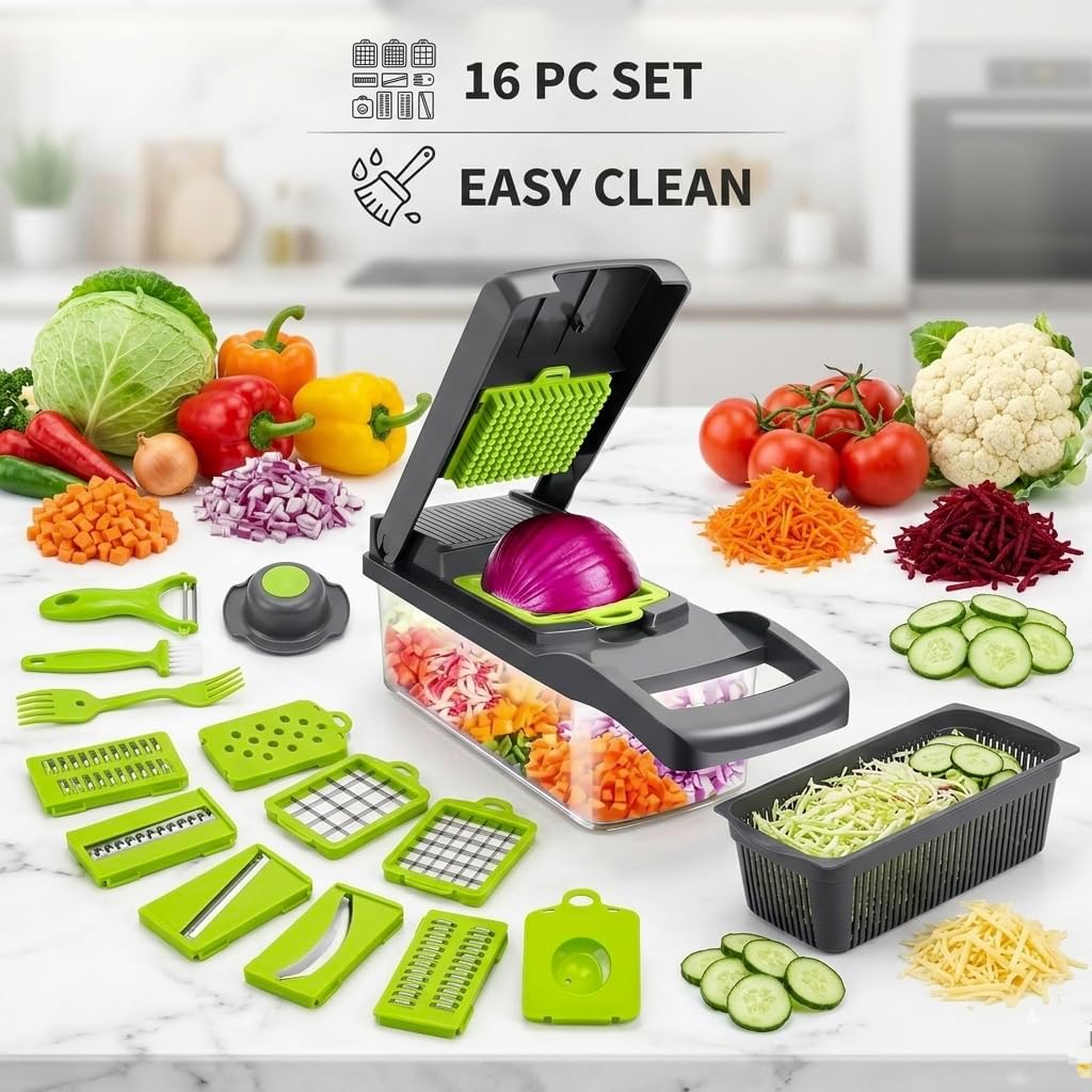 16-in-1 Premium Vegetable Chopper | Stainless Steel Blades | Multifunction Slicer, Dicer, Grater | Easy to Clean | Durable Kitchen Cutter with Container