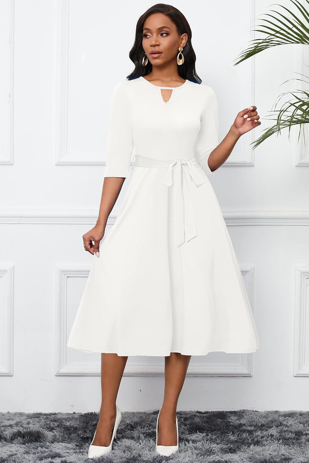 CLOCOR Midi Dresses for Women Casual A-Line Fit and Flare Dress Crewneck 3/4 Sleeve Keyhole Cocktail Party Church Dress - Image 5