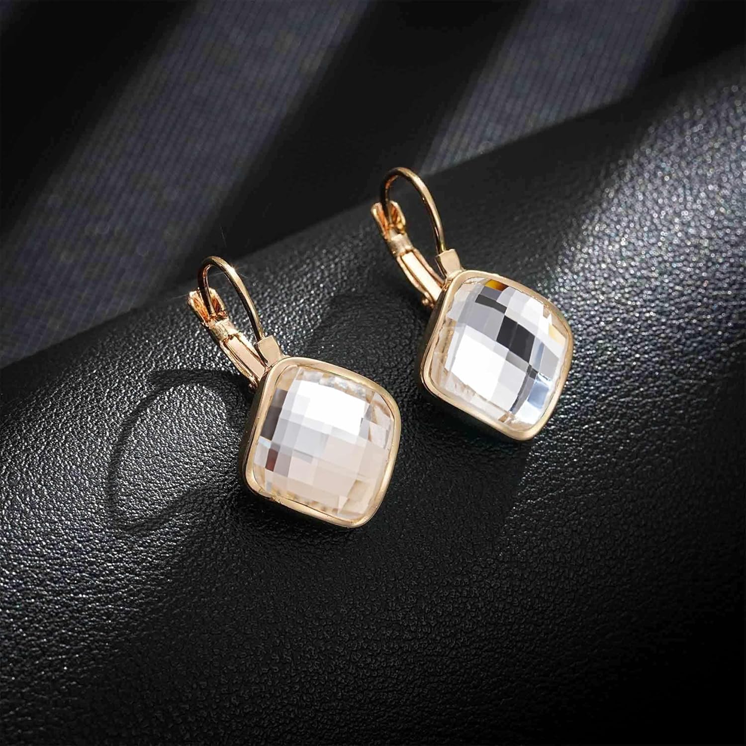 EVEVIC Austrian Crystal Square Dangle Drop Leverback Earrings for Women Fashion 14K Gold Plated Jewelry Gifts for Anniversary - Image 3