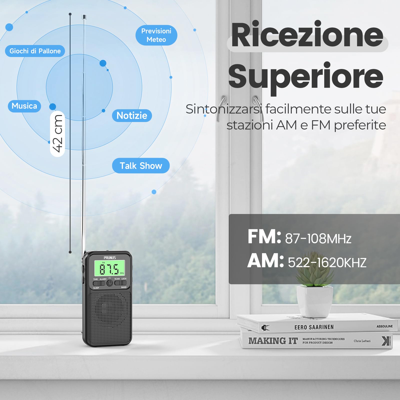 PRUNUS J-128 Radio Digitale Portatile FM/AM, Radiolina Portatile Piccola, Mini Radio a Pile (AA) con Sveglia, Timer per il Sonno, Jack per Cuffie, Blocco a Chiave, per Camminare,Pescare,Viaggi (Nero)
