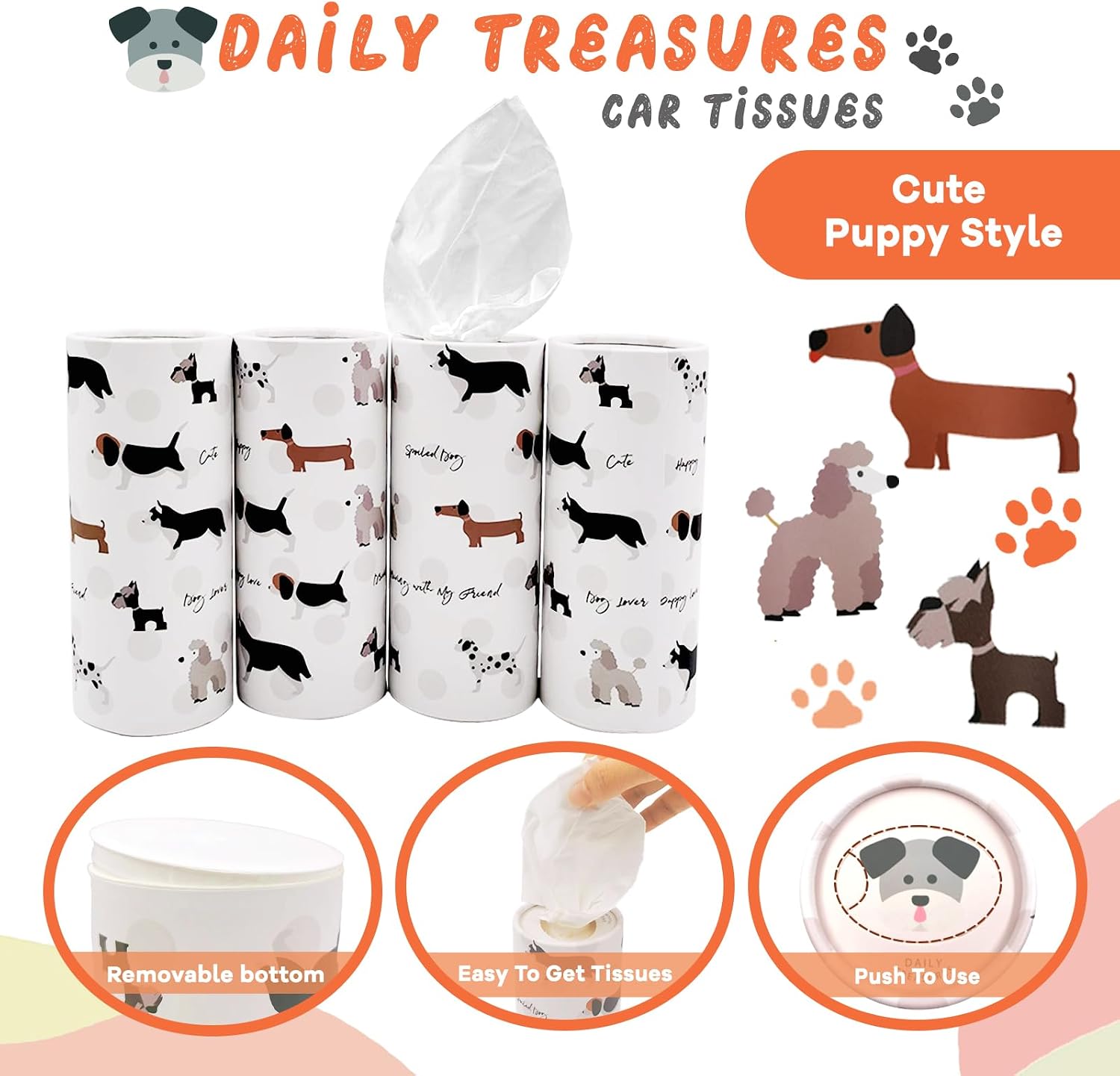 Daily Treasures 4 Pack Car Tissue Box with Facial Tissues,Cute Round Tissue Boxes for Car,Puppy Car Tissue Holder,Refill Cylinder Tissues for Car Holder Travel Bathroom(Dog)
