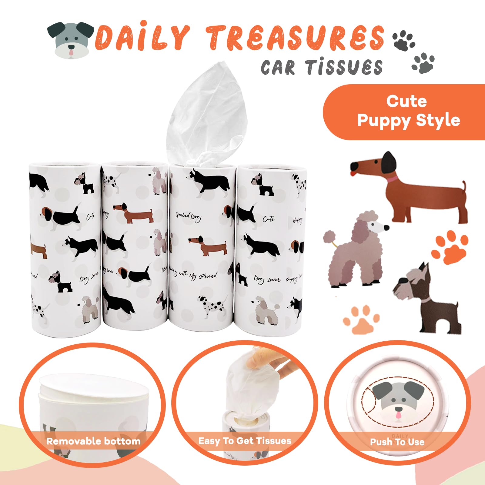 Daily Treasures Confezione da 4 porta fazzoletti per auto con fazzoletti per il viso, graziose scatole rotonde per fazzoletti a forma di cucciolo, per portabicchieri auto, fazzoletti cilindrici di