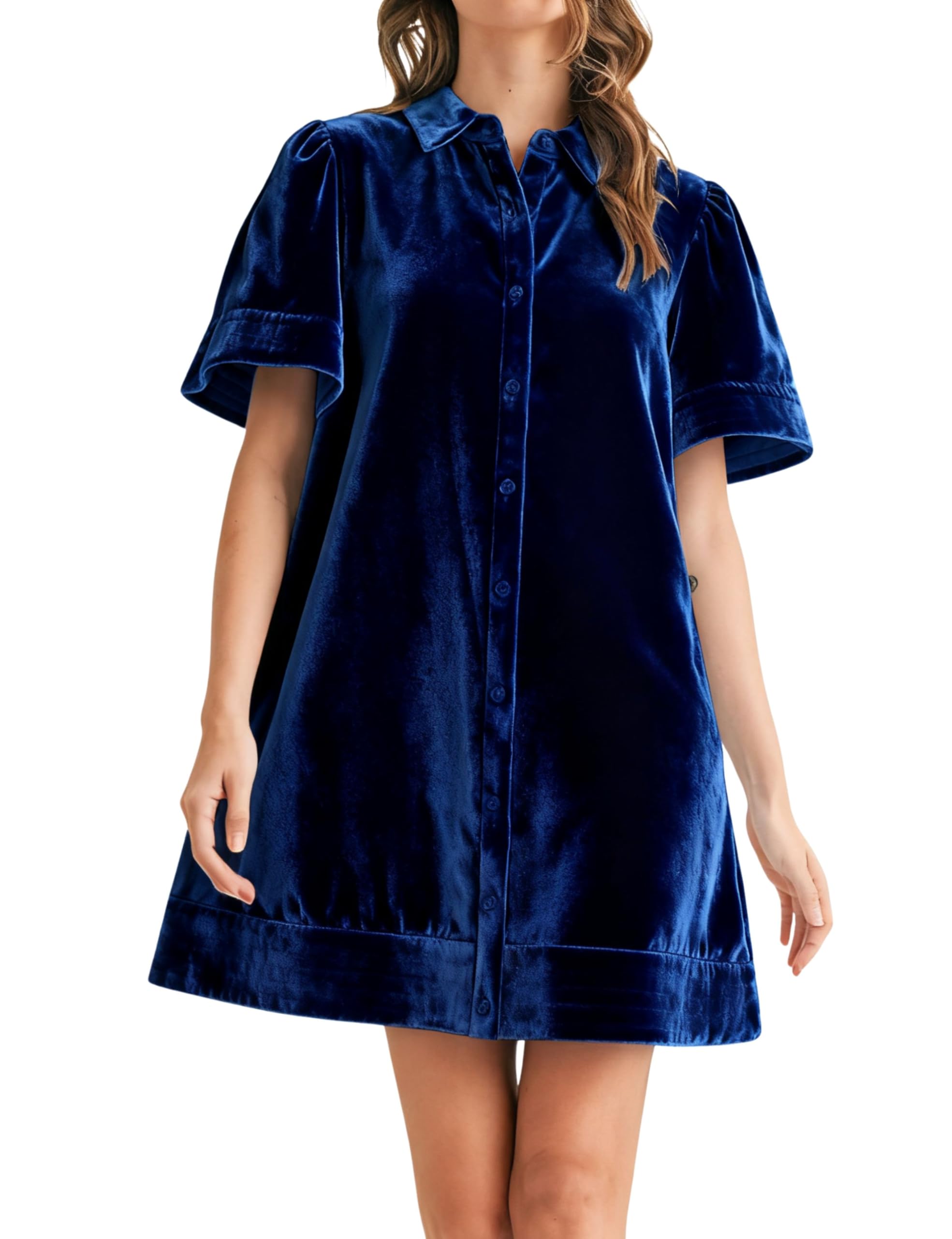 Womens Velvet Shirt Dress Lapel Button Down Short Puff Sleeve Mini Dresses Fall Winter Dress with Pockets
