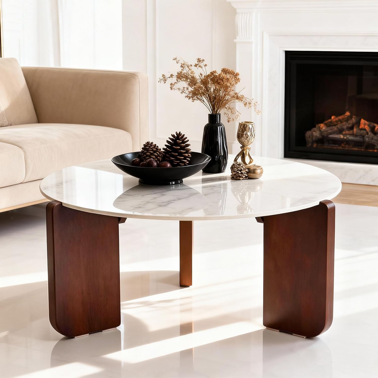 Sintered Stone Top Coffee Table, 31.5 Inch Round Coffee Table with Solid Wood Legs, Modern Round Coffee Table for Living Room, Modern Design, Minimalist and Durable, White and Brown Coffee Table