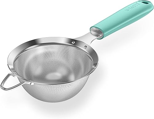 Colador de malla de acero inoxidable 188 U-Taste de 3.9 pulgadas de malla fina para cocina, con mango de silicona resistente remachado y agujero de