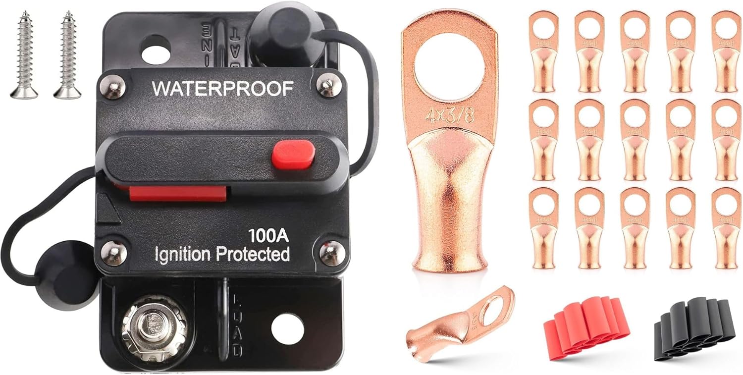 RED WOLF Waterproof 100Amp Circuit Breaker w/Manual Reset Switch with 4 AWG 3/8"(M10) 20 PCS Wire Lugs Ring Terminal Connectors Ends Heat Shrink Tubing 3:1 Black Red for Automotive Electrical