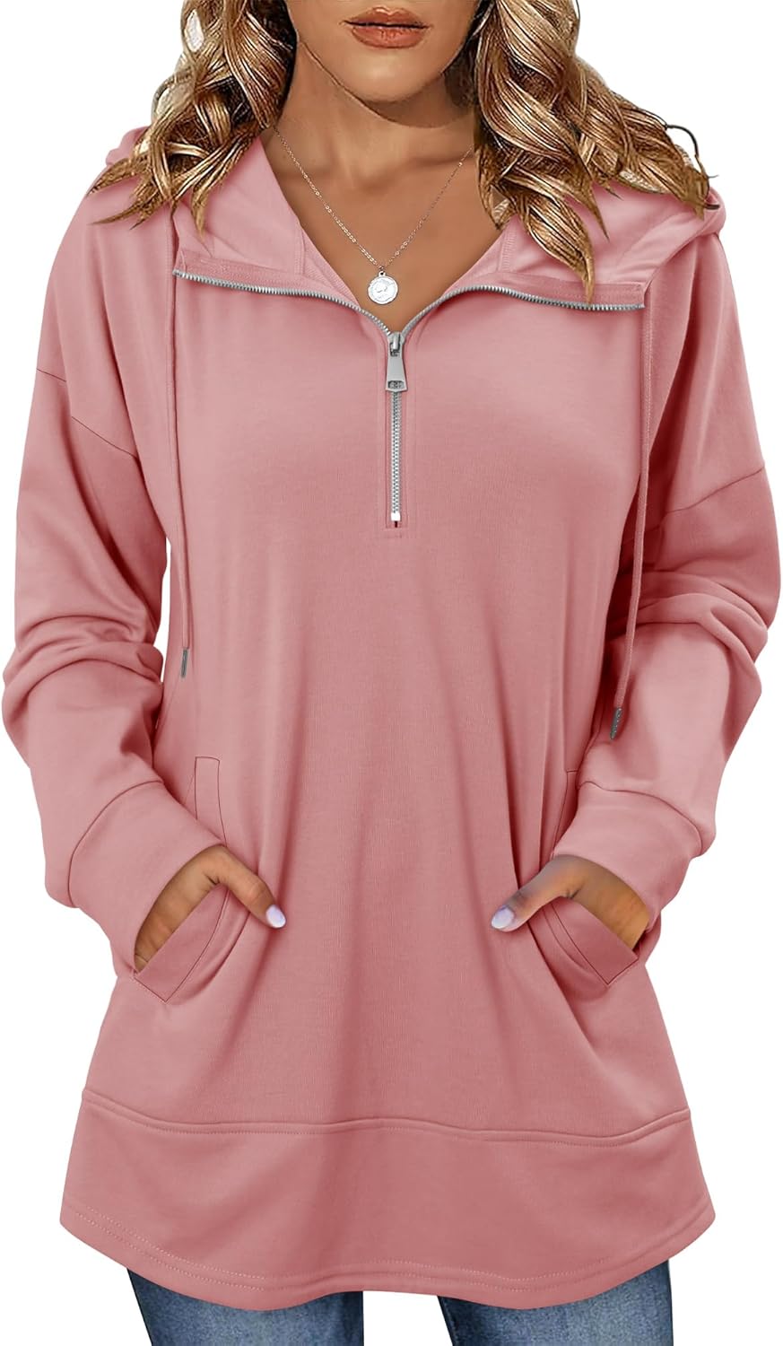 onlypuff Women Hoodie Pullover Trendy Quarter Zipper Lapel Sweatshirts Drawstring Cute Hooded Tunic Tops with Side Pockets
