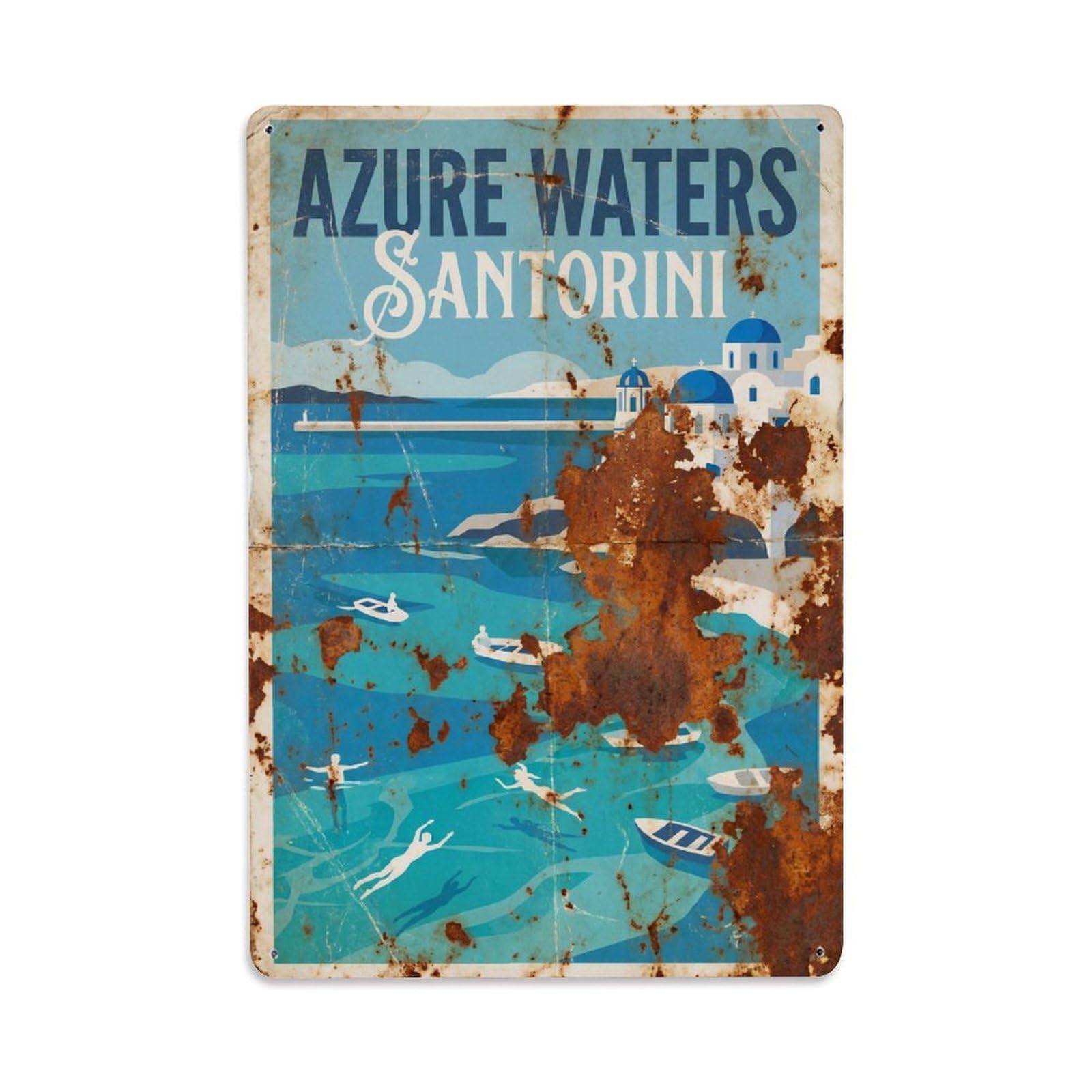 Gead 8X12inch Style Vintage Travel Santorini Azure Waters Metal Tin Sign