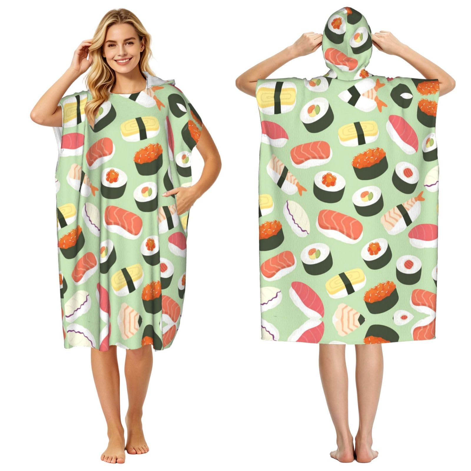 EZDLOWVBA Sushi Food Pattern Print Hooded Poncho Microfiber Beach Towel,Adult Women & Men Changing Robe,Lightweight Summer Surf Swim Bath Poncho Towel