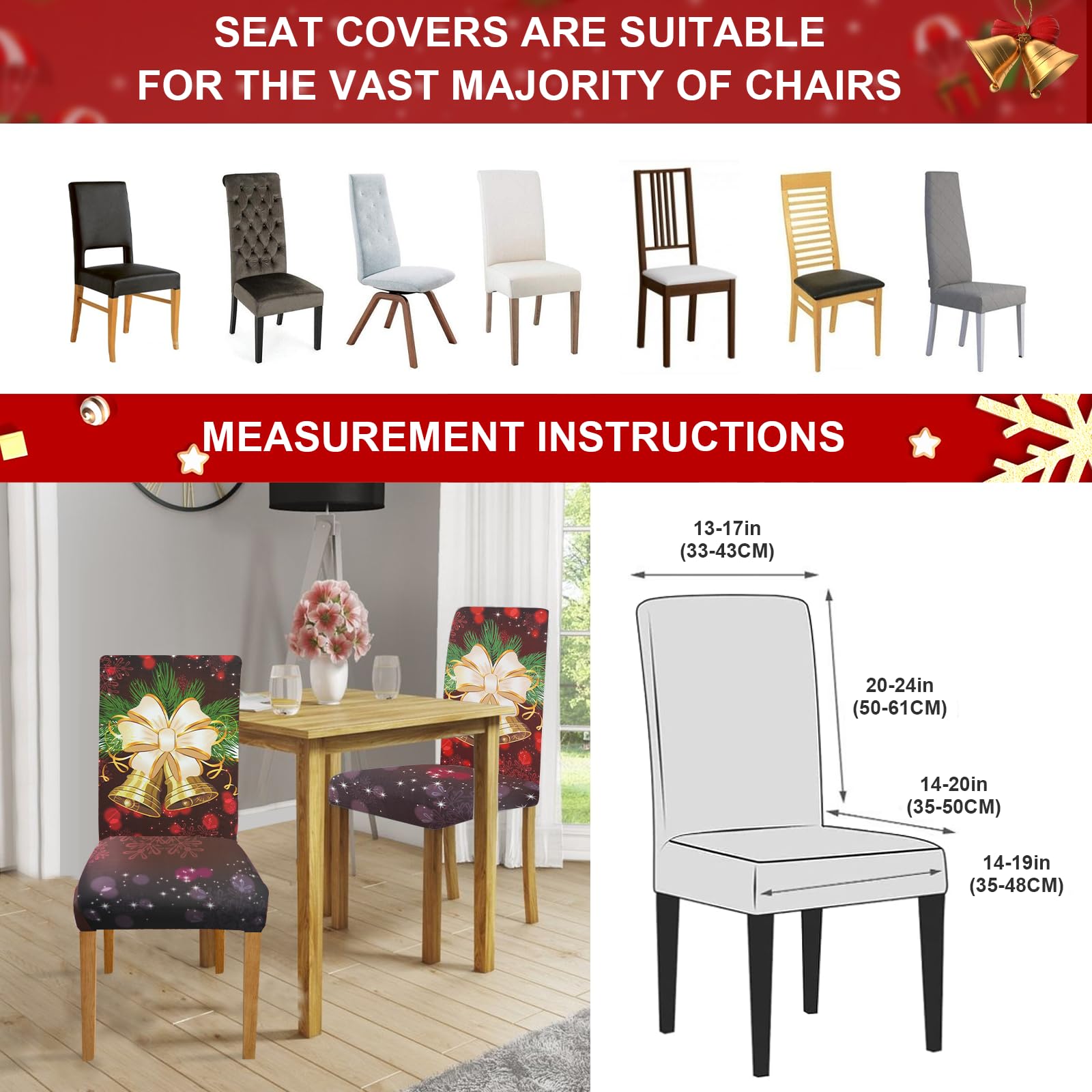 FIGOOO Coprisedie Natalizie con Schienale 4 Pezzi Xmas Coprisedia per Sala da Pranzo Spandex Fodera per Sedia da Cucina Coprisedia Decorativo Natalizio(Campanellino,4pcs)