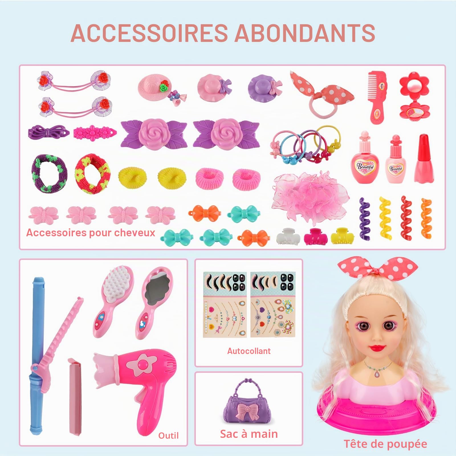 deAO Tête à coiffer pour filles à partir de 3 ans - Poupée de maquillage avec sèche-cheveux et accessoires - Tête de poupée pour coiffer et maquiller - Jouet créatif pour enfants