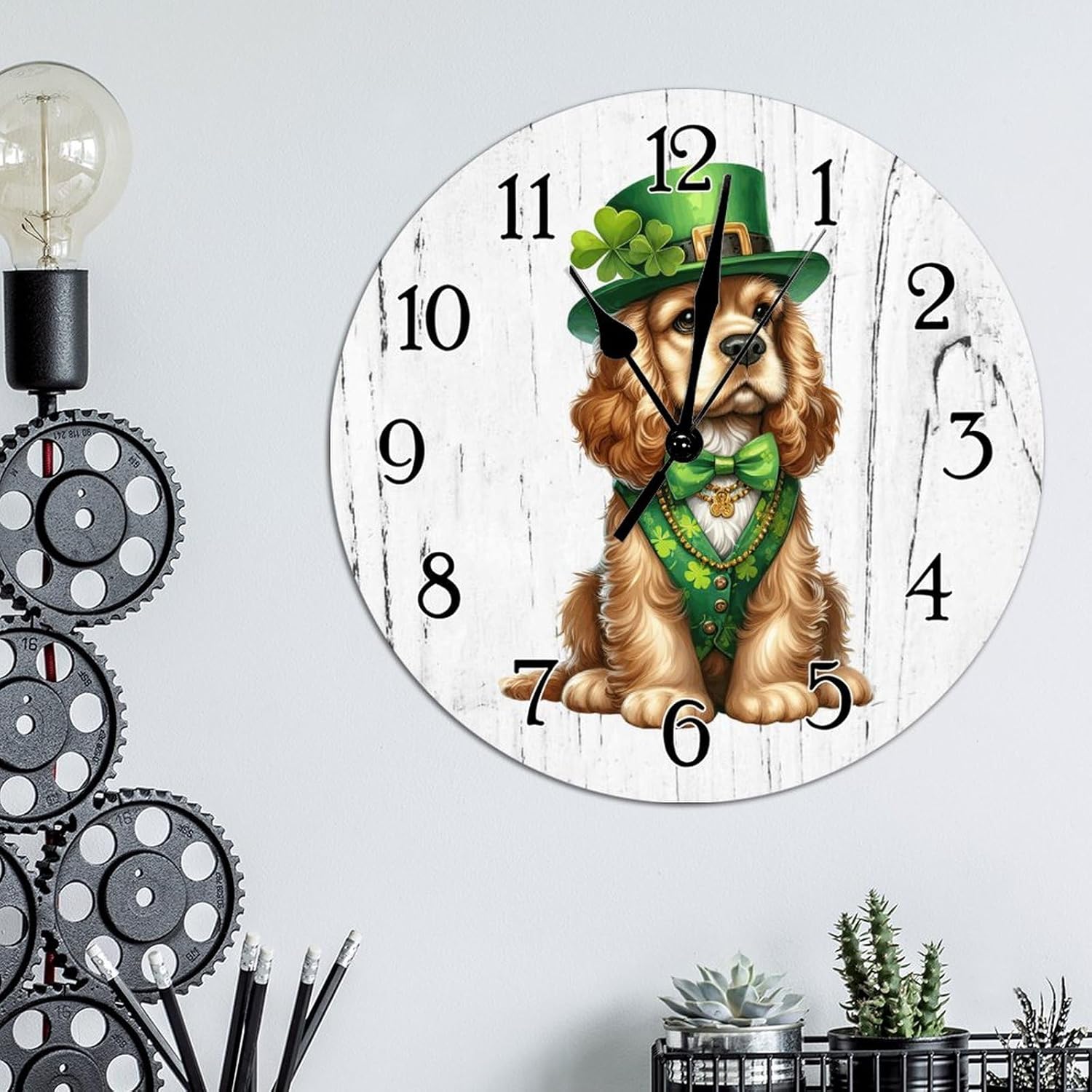 Cocker Spaniel Dog Green Leprechaun Hat Leaf Clocks Cocker Spaniel Dog St. Patrick's Day Wooden Decorative Clocks Battery Operated Round Clocks Dog Memorial Art Clock 12x12in