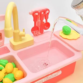 Oyuncak Gerçek Su Akan Mutfak Lavabo Seti | 28 Parça Aksesuarlı | Pilli Su Devir Daimli Mavi (Pembe)