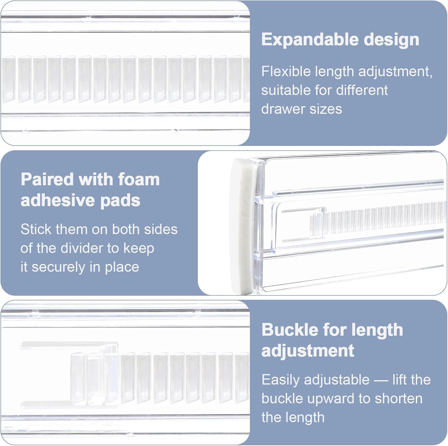 Separadores de Cajones Ajustables Plástico Transparentes Expandibles 27,5-52cm Organizador Armario Cocina