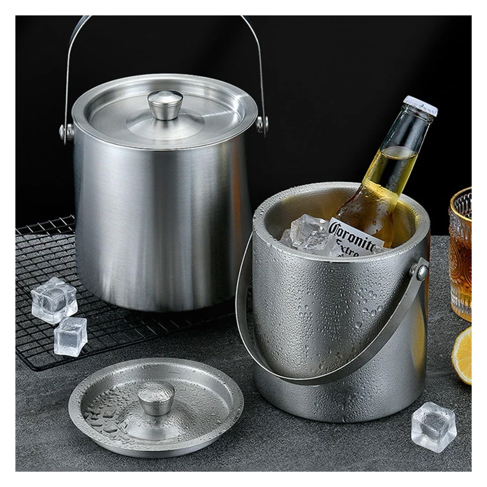Cubo portátil de 1,6 l/300 ml, Enfriador de Hielo de Doble Capa for Vino, Cerveza y Cubitos de Hielo con Pinza for Utensilios de Cocina. para Bar, Cumpleaños, Fiestas(300ml)
