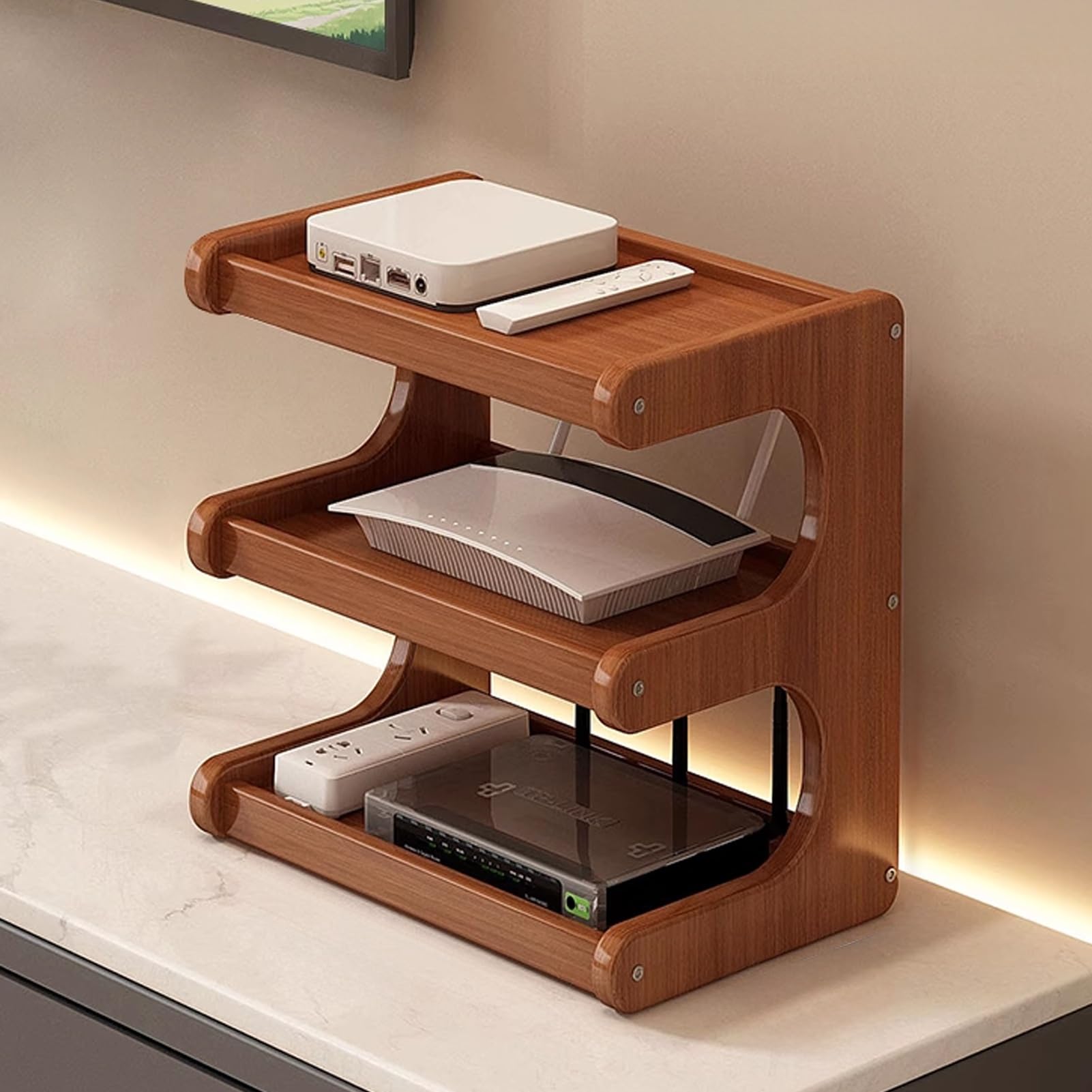 Wooden Router Shelf, Home Media Storage Cabinet, Storage Box WiFi Desktop, Cable Management Hider, Plug, Internet Cables, Devices Etc(Third Layer 30cm/11.8in)