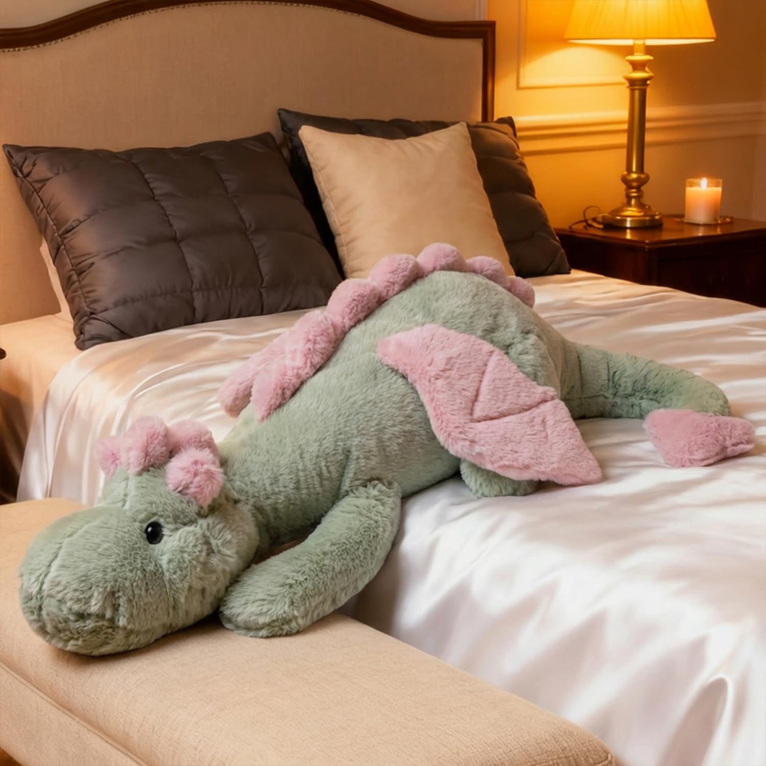 Large 50in Cute Dragon Stuffed Animals Plush Toy Soft Matcha Green Pterosaur Plushie Giant Fuzzy Dinosaur Pillow Plushies with Pink Wings Cuddly for Friends Family Member