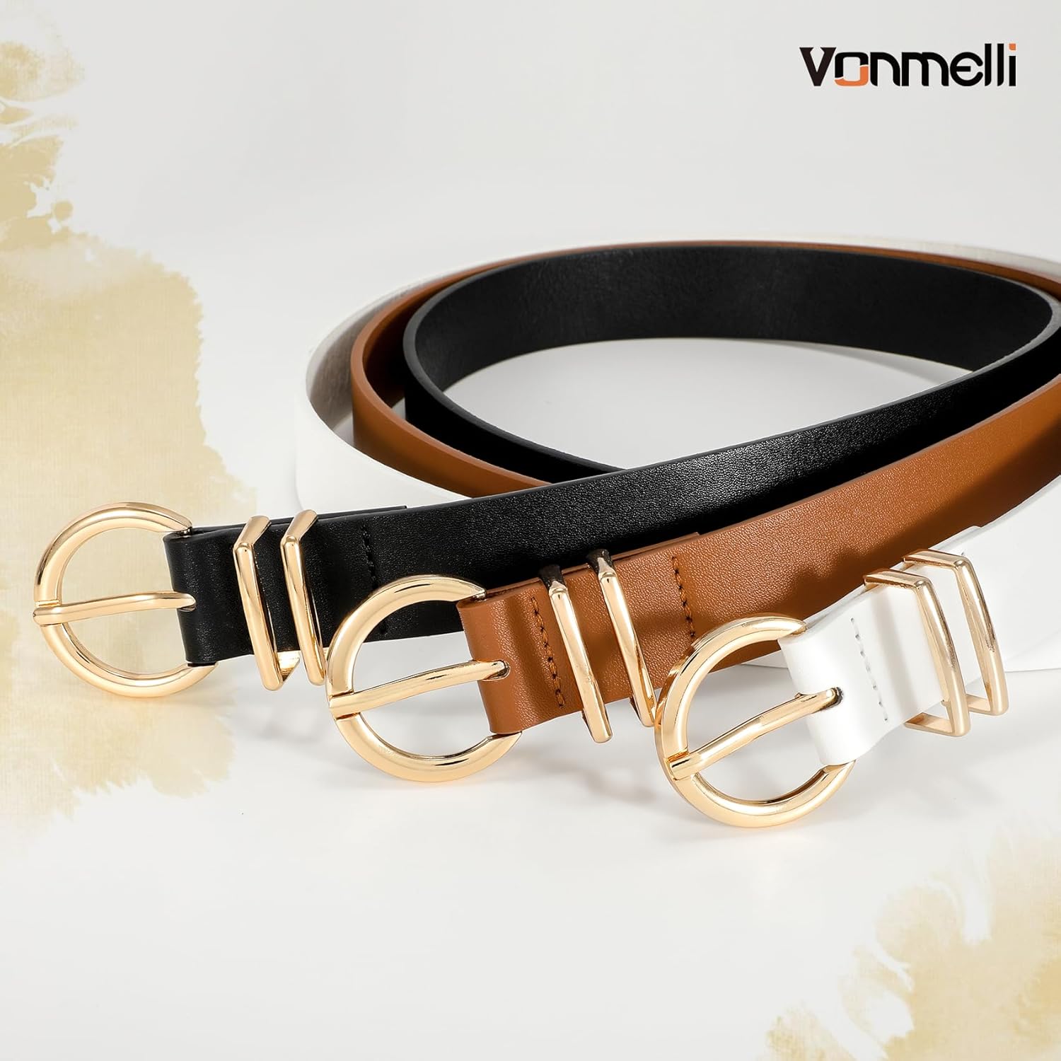 VONMELLI 3 Pack Women's Leather Belts for Jeans Dresses Ladies Waist Belt with Fashion Gold Buckle - Image 2