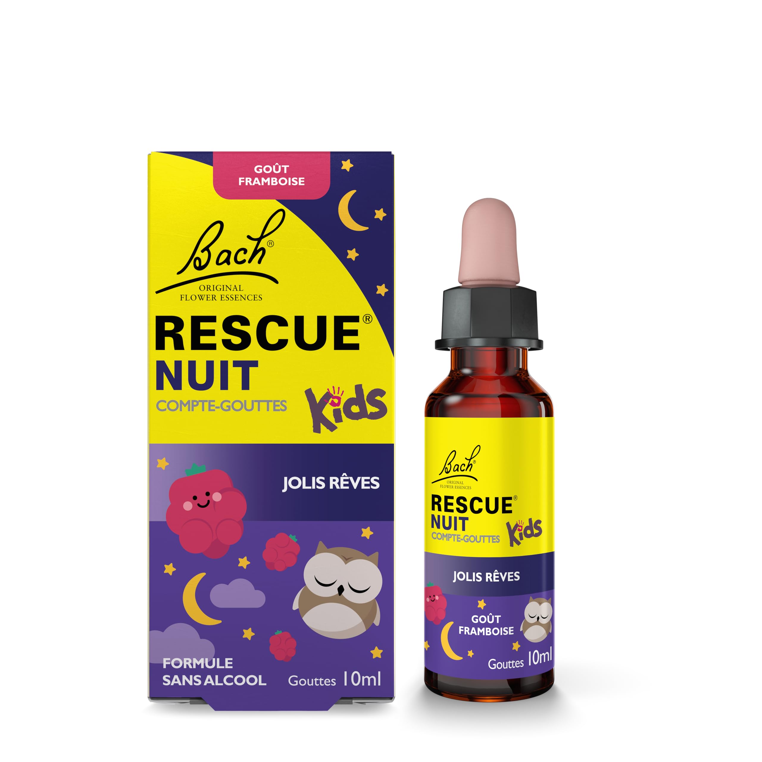 RESCUE NUIT KIDS - Jolis Rêves - Apaisement et Relaxation - Formule Sans Alcool - Goût Framboise - Dès 3 Ans - Compte-​gouttes 10 ml