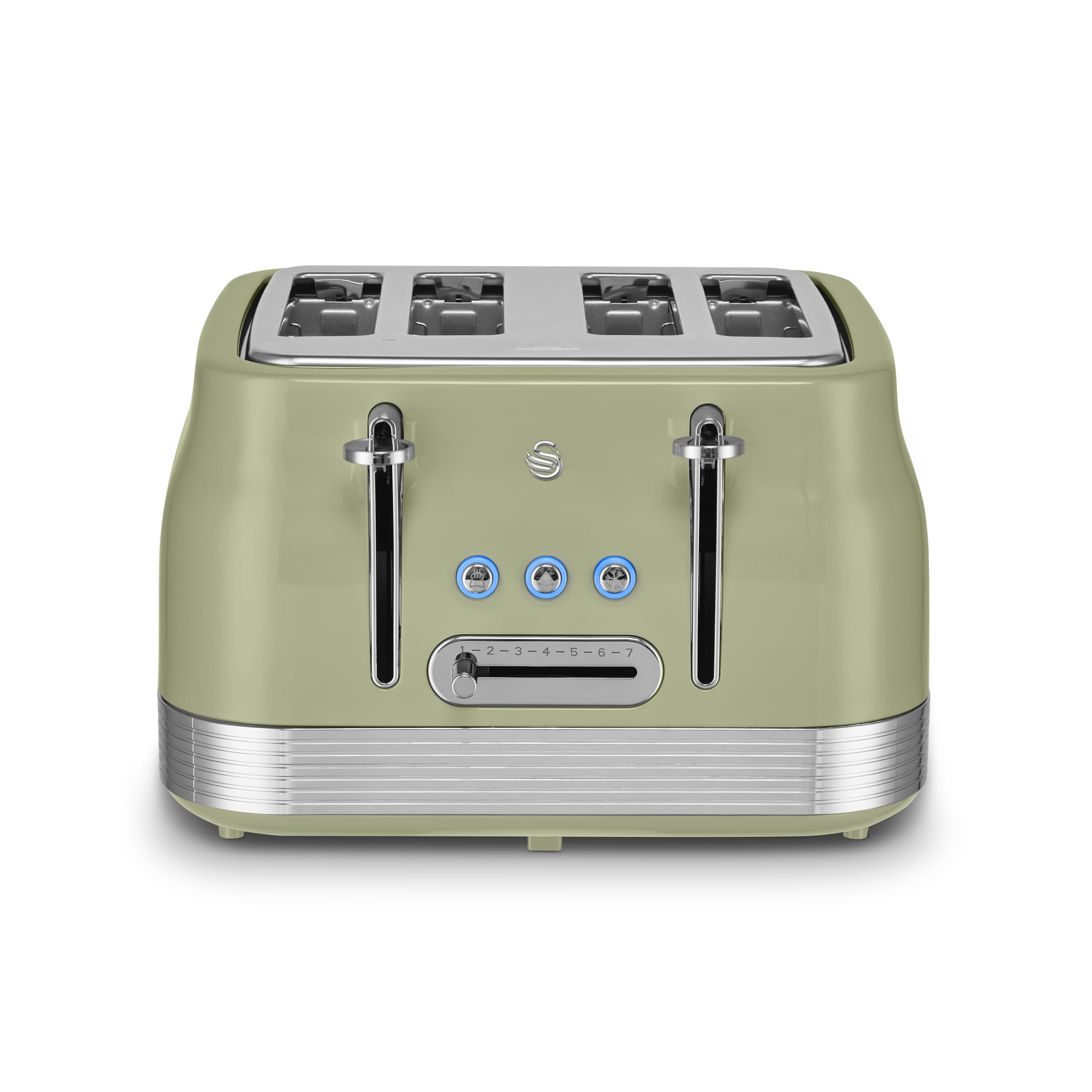 Swan ST19029GRN Retro 4 Slice Toaster with 7 Browning Levels, Removable Crumb Trays, Defrost, Reheat and Cancel Functions, Hidden Cord Storage, Non-Slip Feet, 1860W, Green and Stainless Steel