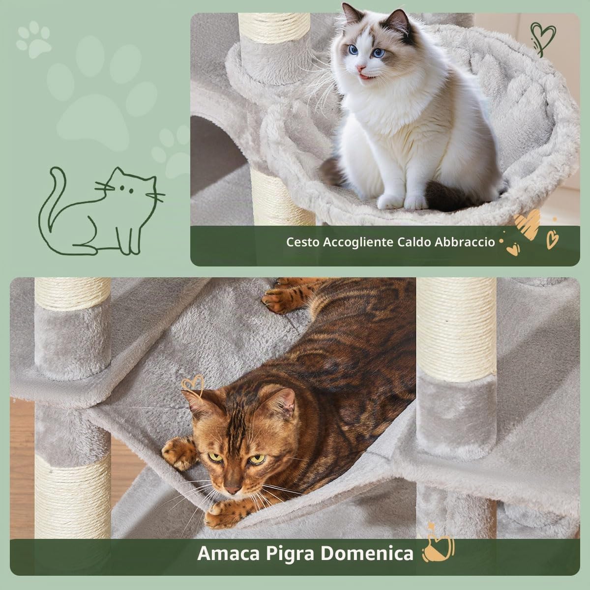 Taoqimiao Tiragraffi per Gatti, 180cm Stabile Tiragraffi per Gatti Adulti xxl con Accogliente Grotte, Amaca, Piattaforma extra large, cestino Sospeso, 8 Pali Graffiatoi, Grigio Chiaro MS034W