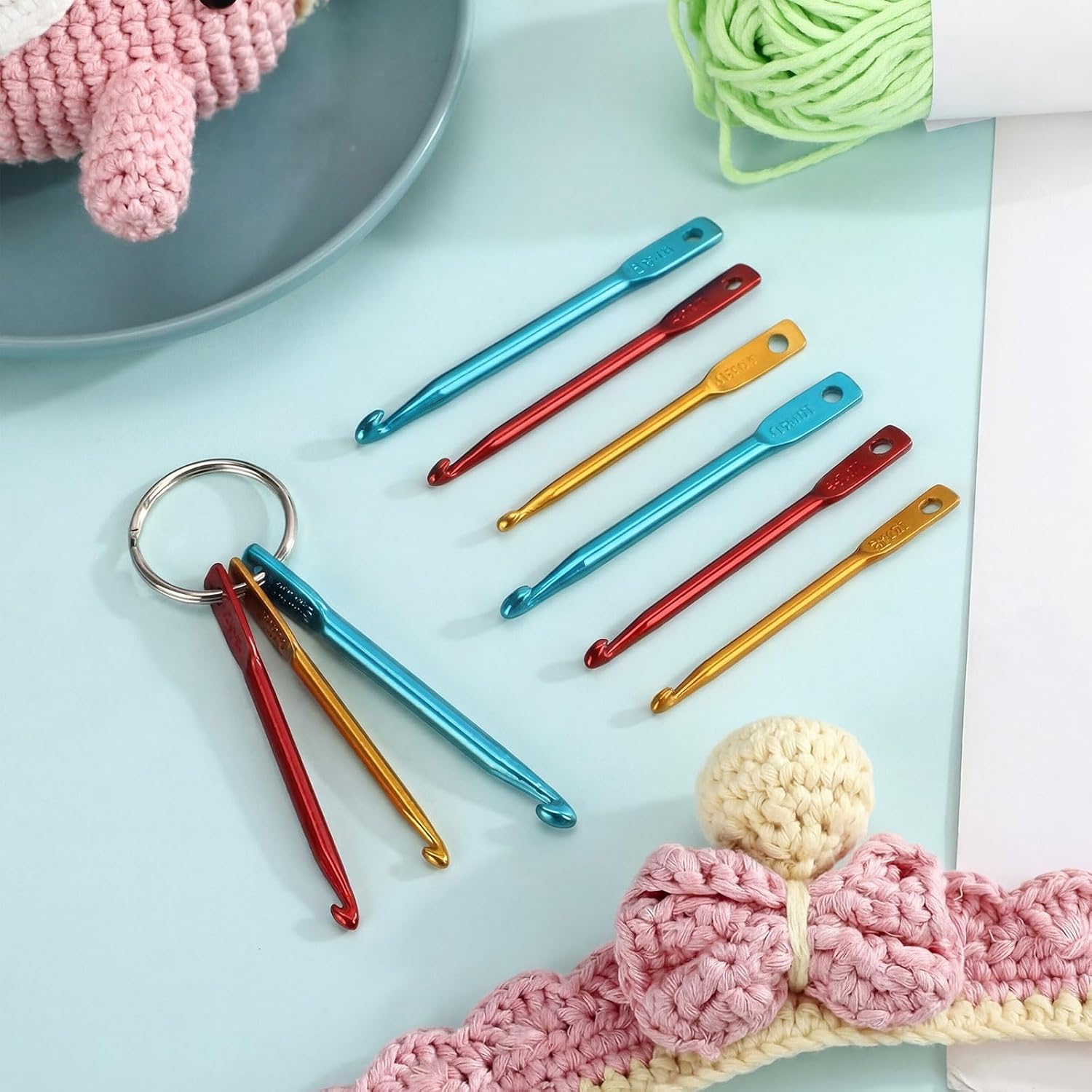 Riceshoot 10 Sets Mini Crochet Hook Keychain Aluminum Crochet Hooks Knitting Needles with Eye Tunisian Crochets Hooks 3 Sizes/Set (3mm/4mm/5mm)