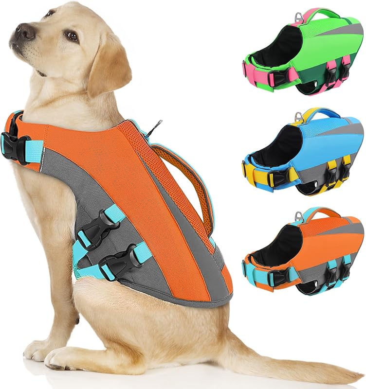 Colete Salva-Vidas para Cães Queenmore com Flutuabilidade, Alça de Resgate e Faixas Refletivas, Laranja, 2XL
