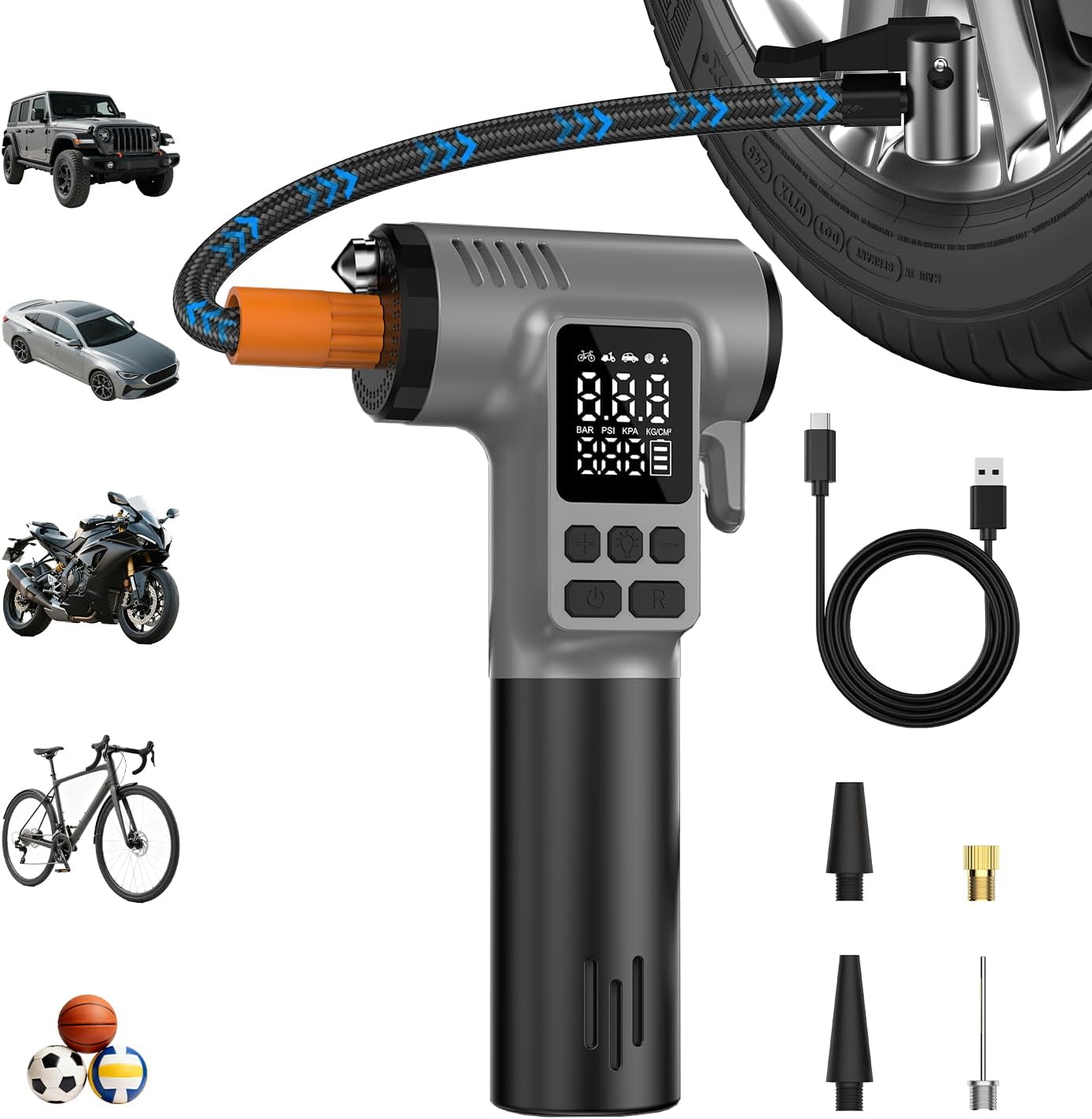 Tire Inflator Portable Air Compressor, Gift for man, 150PSI Tire Inflator with LED Light & Safety Hammer & Seatbelt Cutter, Air Pump for Car Tires, Motorcycle, Bicycle, Ball